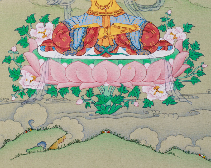 Manjushri: Detailed Small Thangka with Lhasa Stone Colors