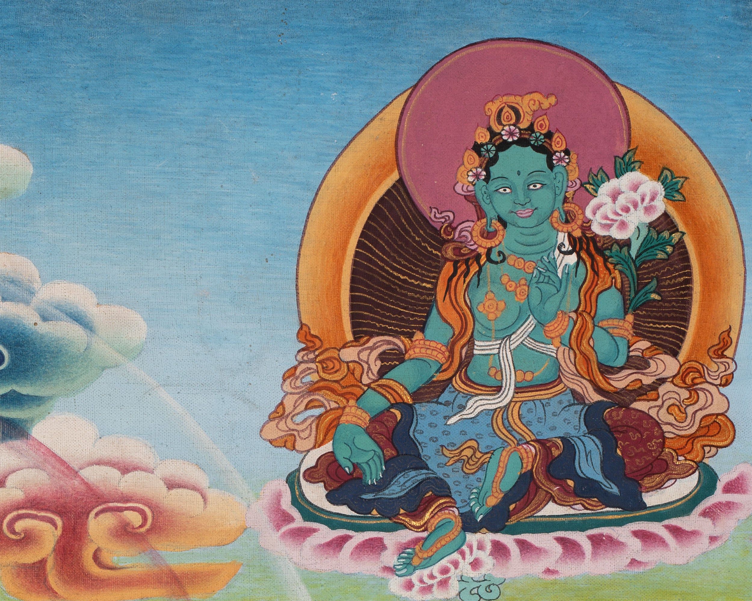 Original Vintage Chenrezig Thanka with Brocade | Traditional Thangka Art