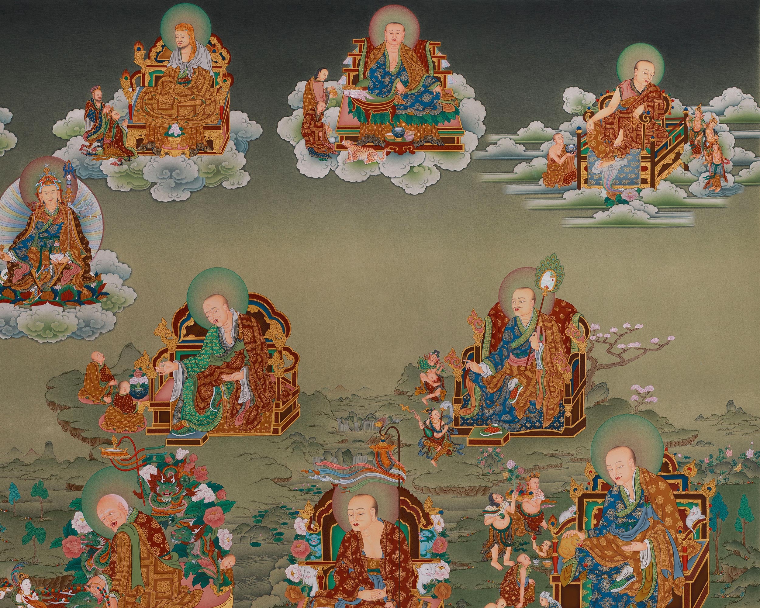 Tibetan Shakyamuni Buddha With 16 Arhat Thangka | Representation of Compassion, and Enlightenment