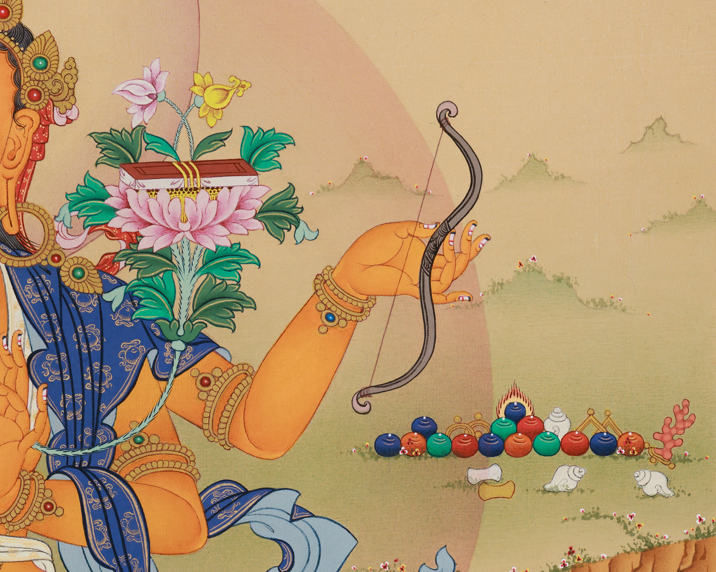 Rare Four-Armed Manjushri Thangka Print | Tibetan Buddhist Wisdom Deity | High-Quality Giclee Canvas