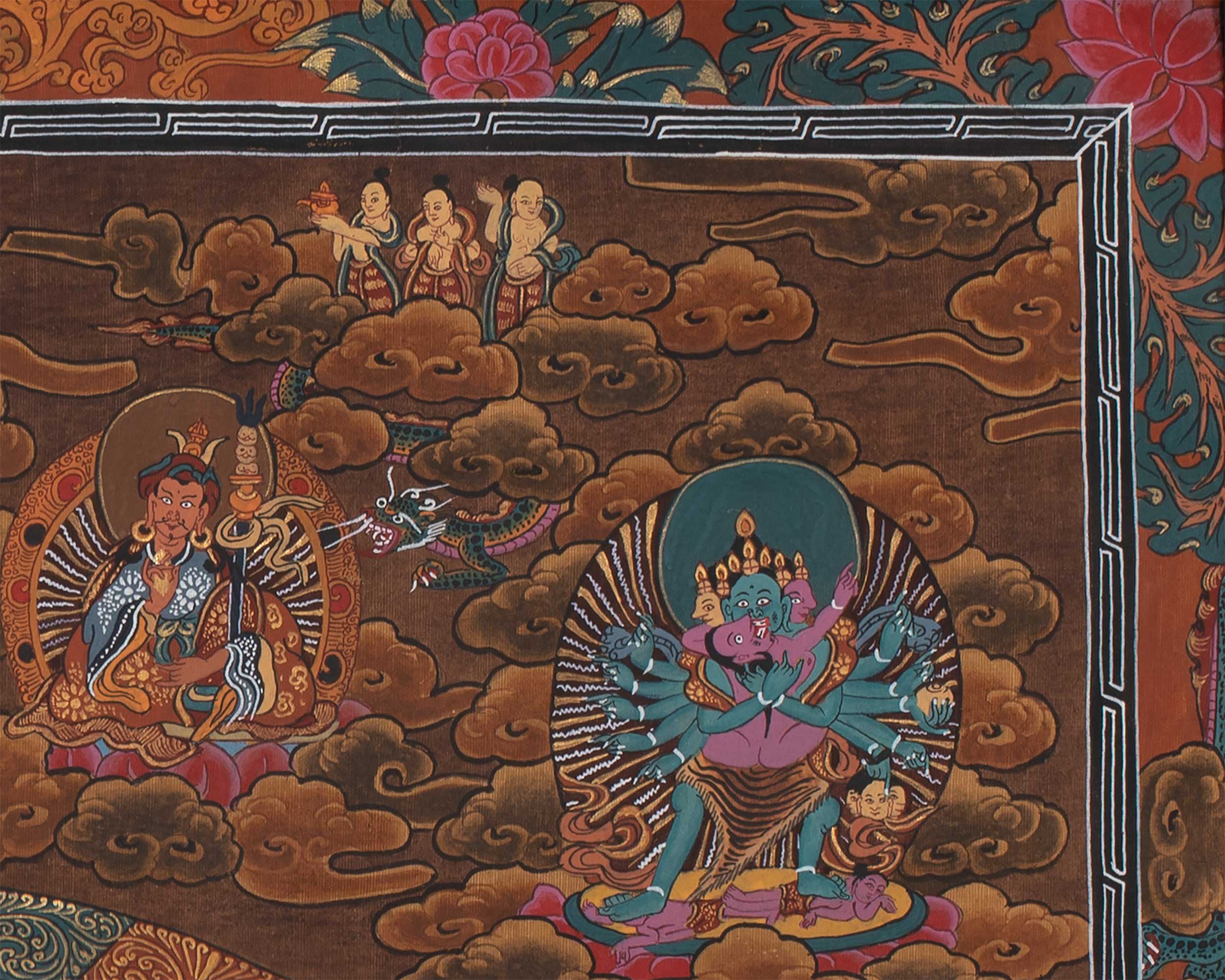 Vintage Mandala with Guhyasamaja , Chakrasamvara and Mahakalas | Thangka with Brocade