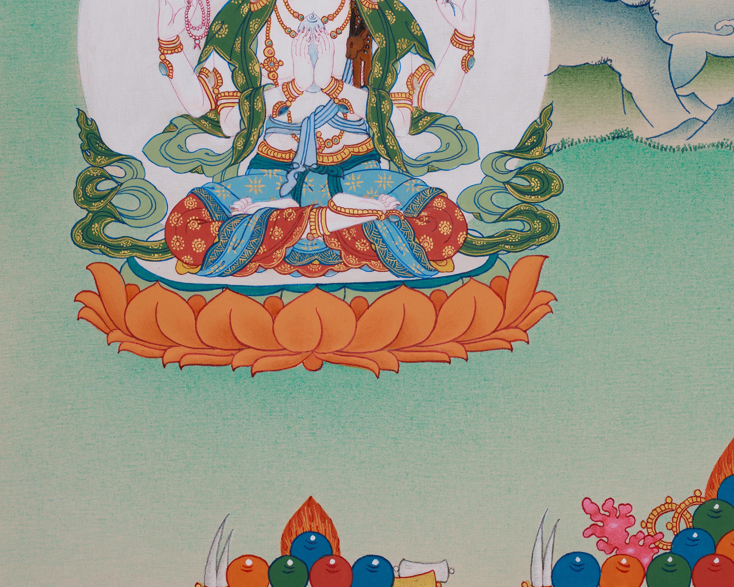 Manjushri with Chenrezig and Vajrapani Thangka | The Divine Triad of Wisdom, Compassion, and Protection