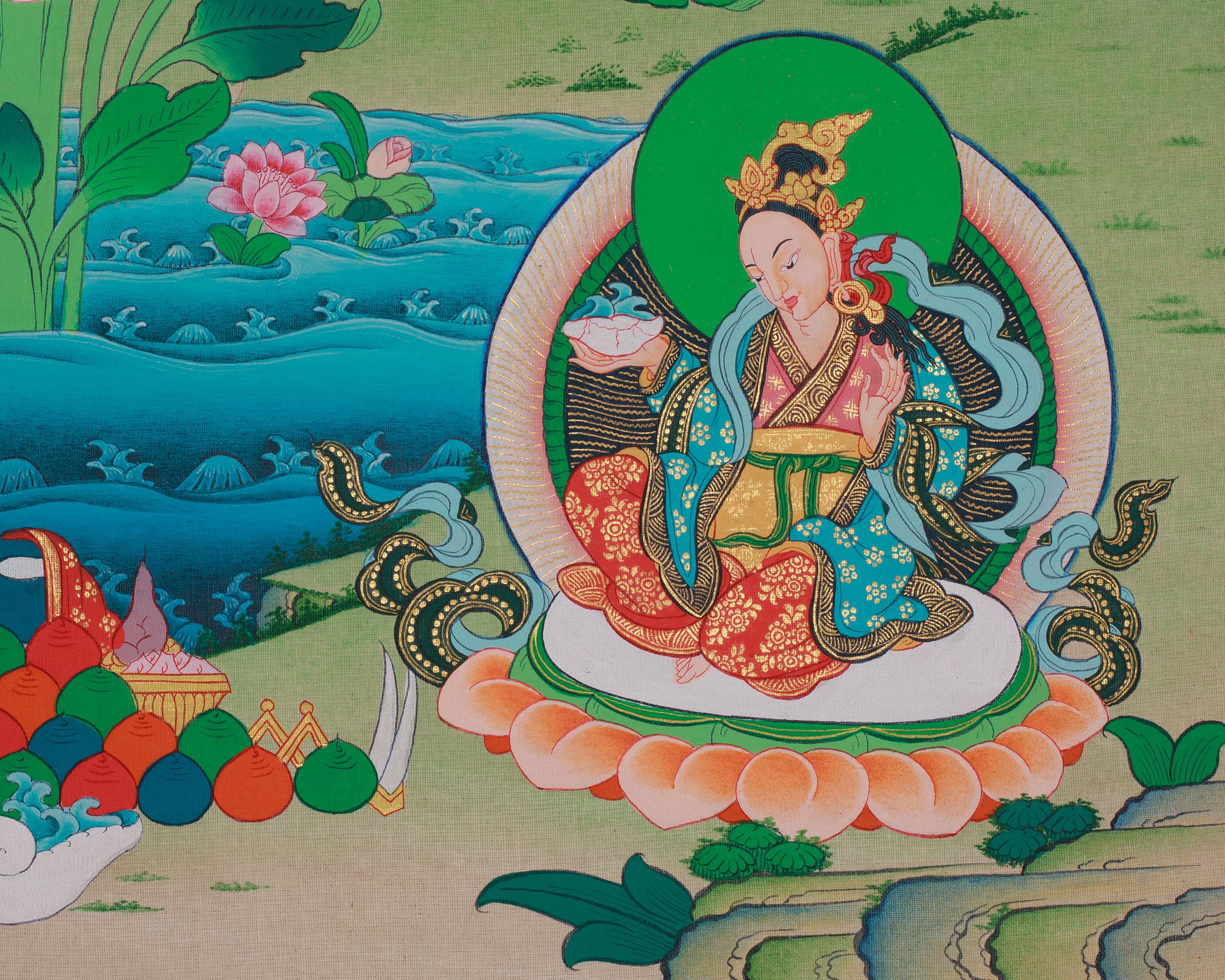 Spiritual Teacher Guru Padmasambhava | With His Two Principal Consort and Five Dhyani Buddhas
