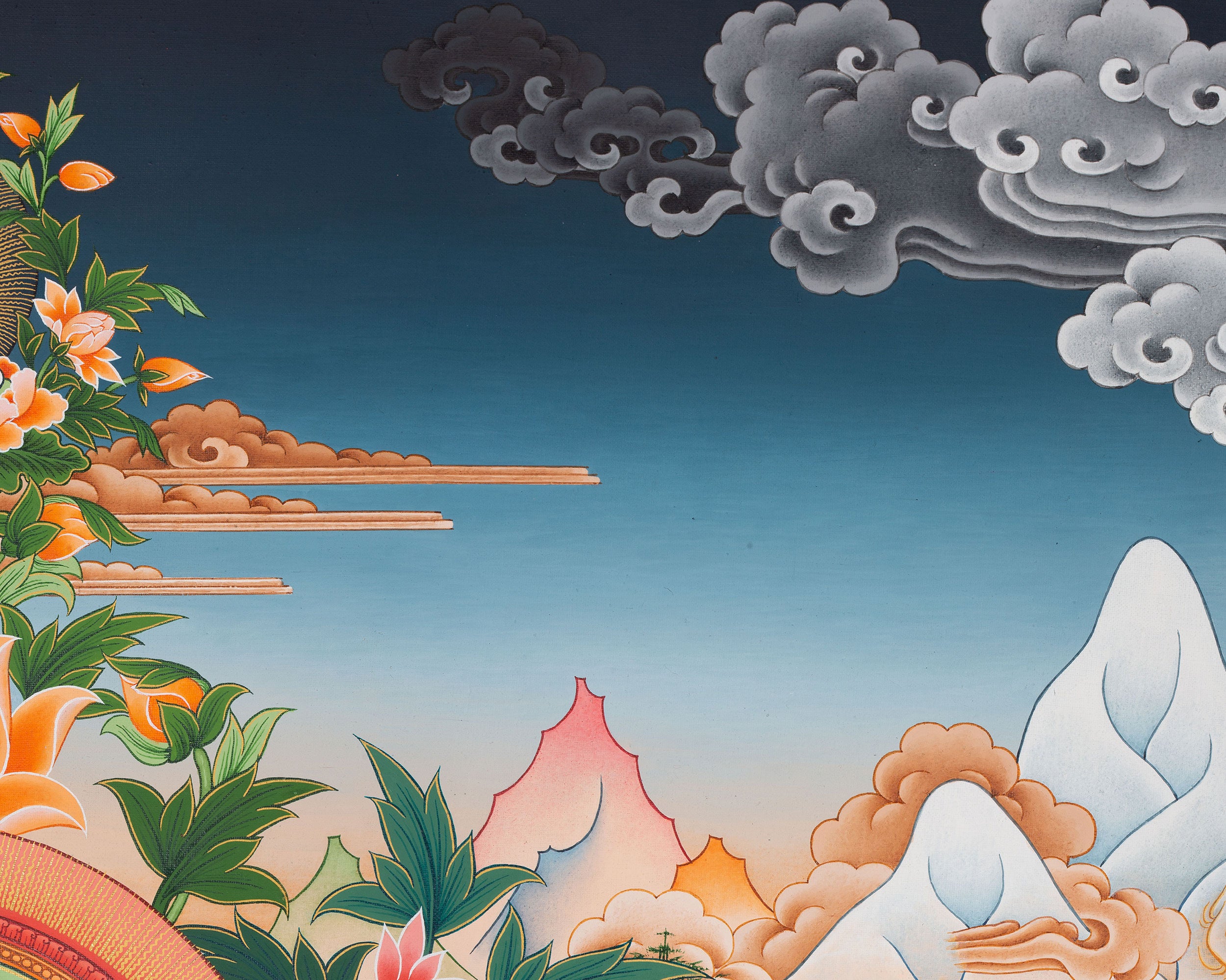 Divine Compassion in Eri Style: Avalokiteshvara Artwork with Amitabha Buddha, Manjushri and Vajrapani Figures
