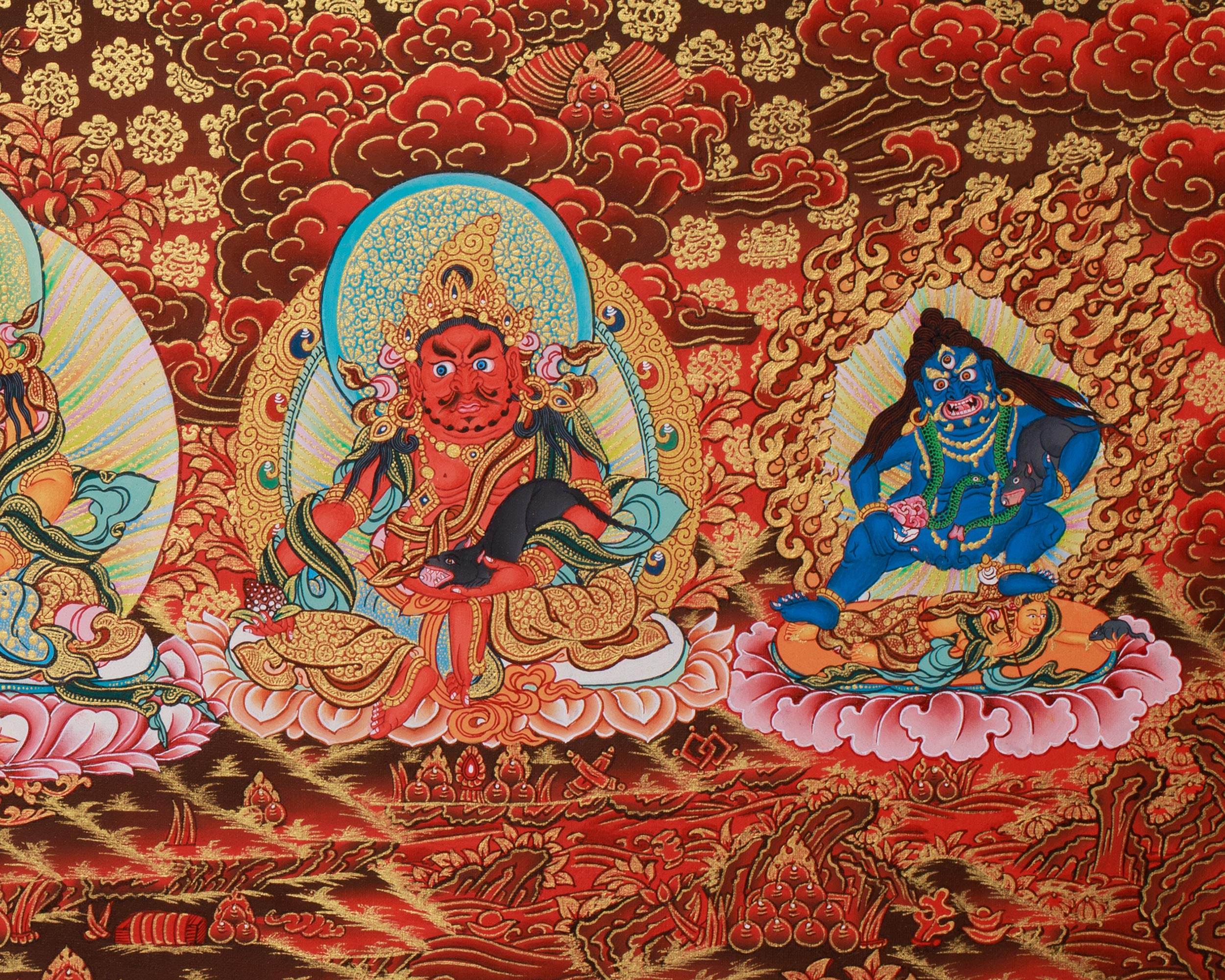 Buddhist Wealth Deities Manifestation | Gold Thangka of the Five Dzambhalas