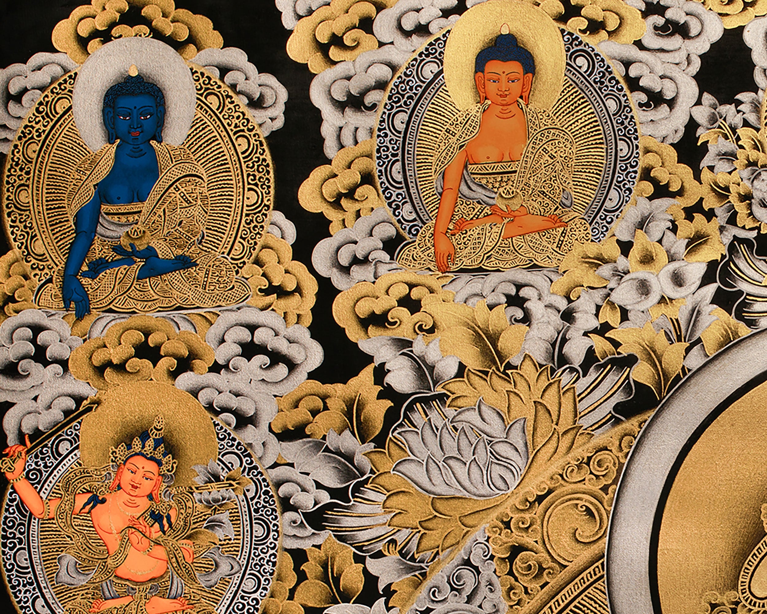 The Tranquil Presence of 4 arms Avalokiteshvara | Gold Embellished Thangka of Compassion