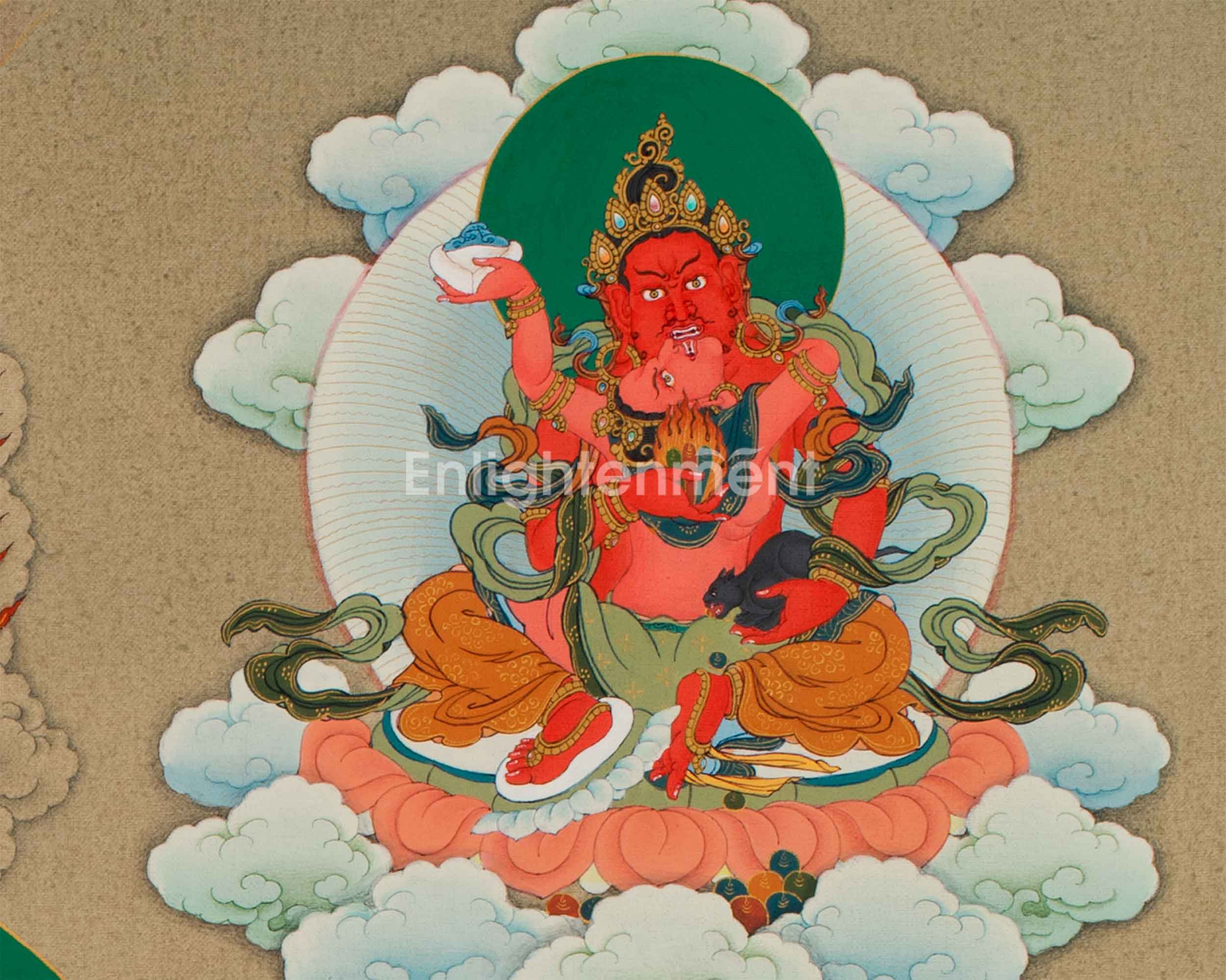 The Five Dzambhala Thangka - A Tapestry of Wealth and Abundance | Buddhist Wealth Deity Canvas