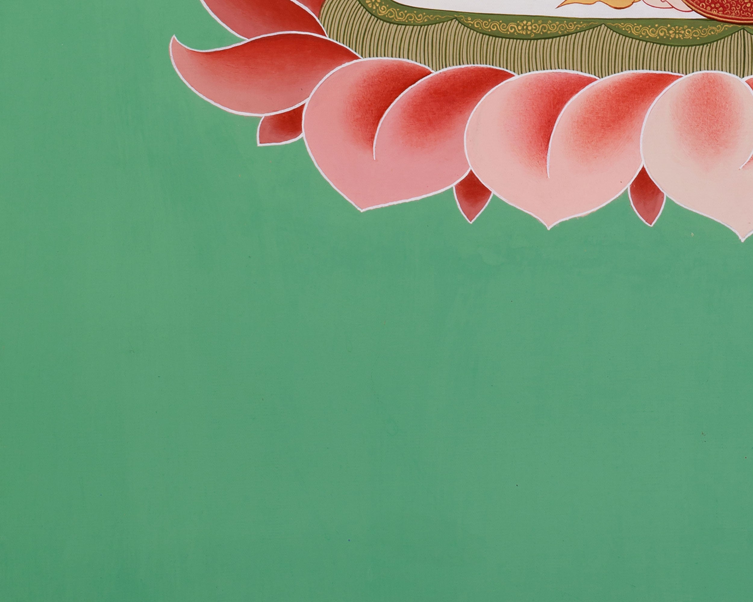 Hand-Painted Four-Armed Chenrezig | Bodhisattva of Compassion on Green Canvas