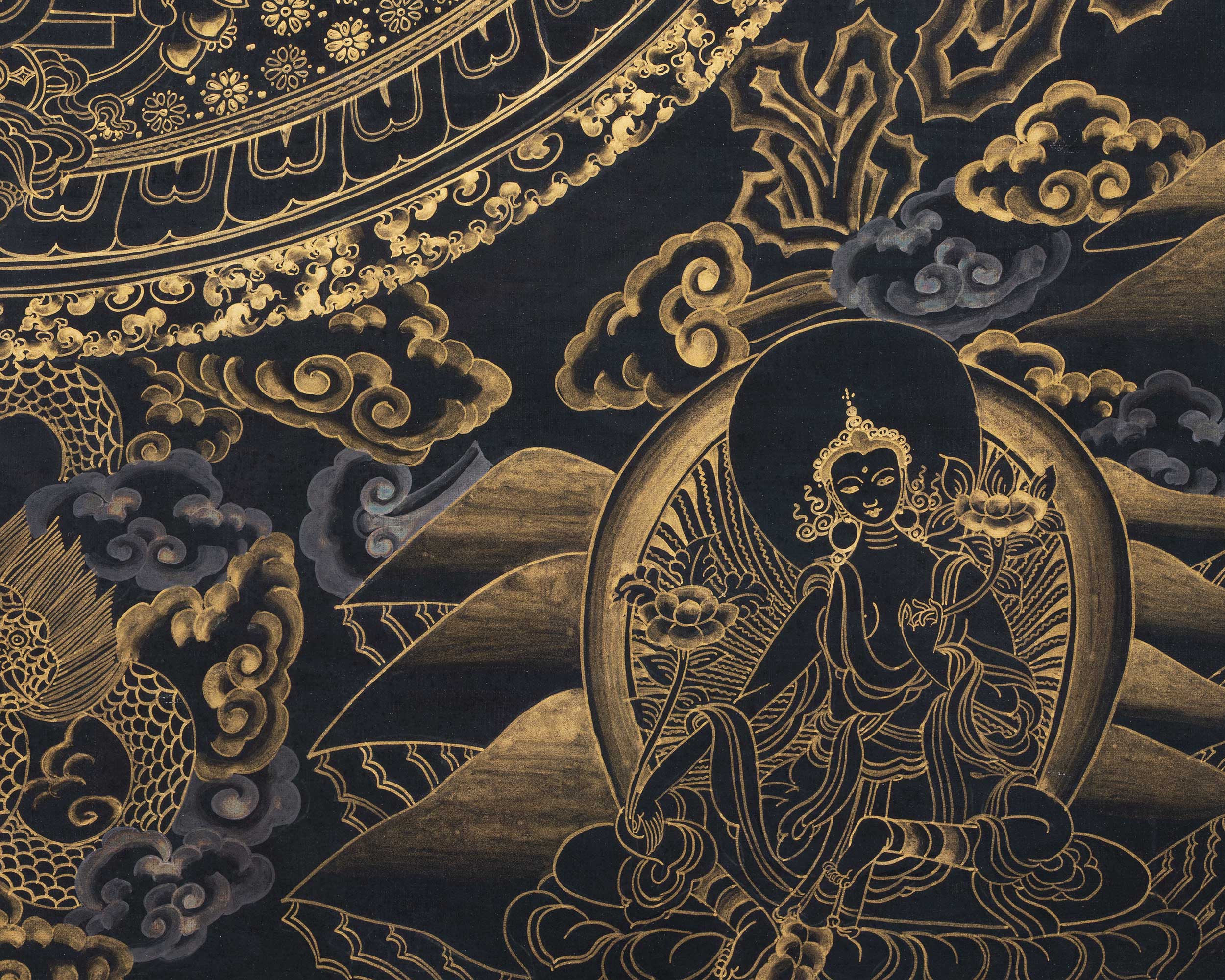 Gold And Black Style Chenrezig Mandala Thangka | Tibetan Buddhist Art