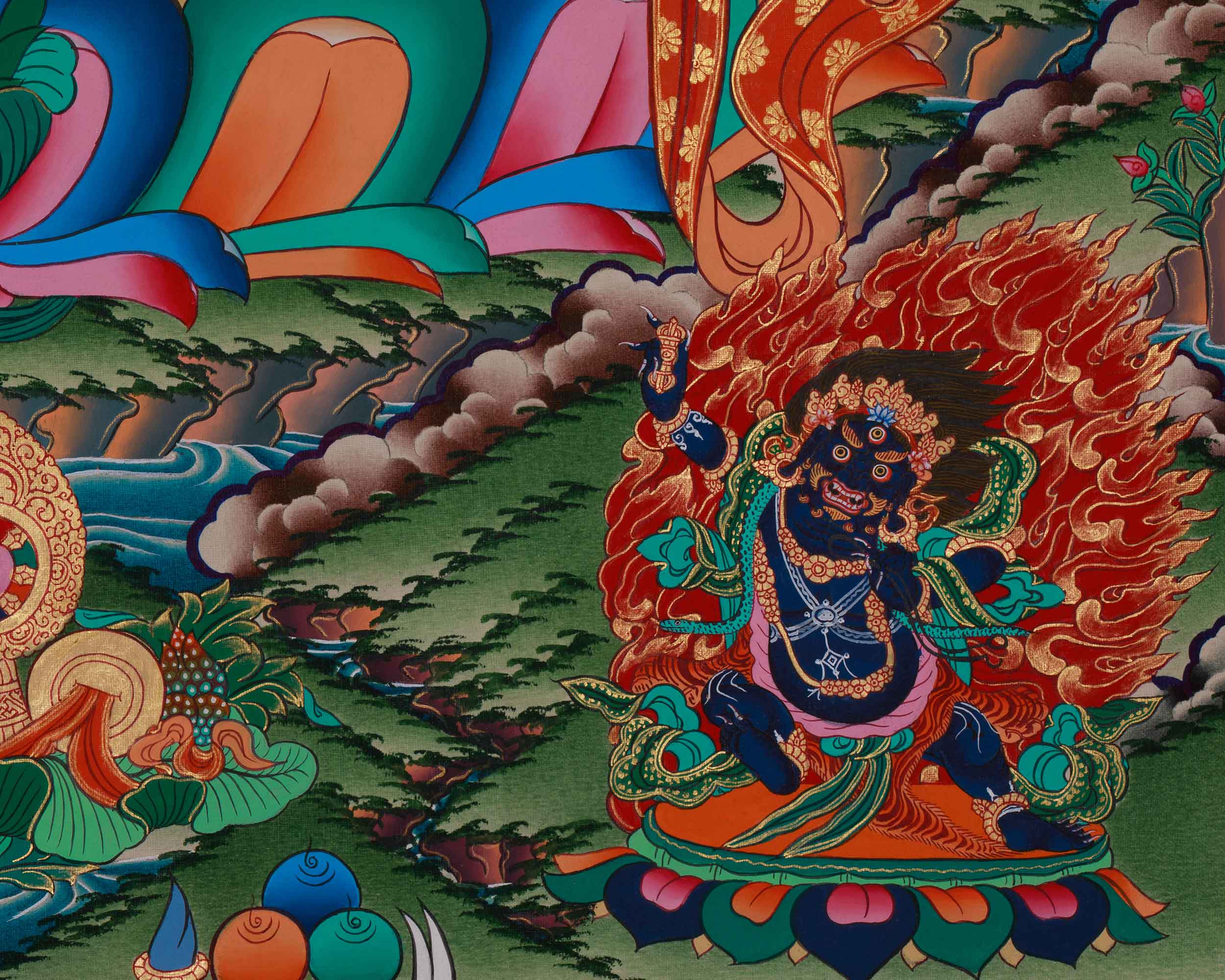 Divine Thangka of Green Tara with Amitabha Buddha, Chenrezig, and Vajrapani | Spiritual Art