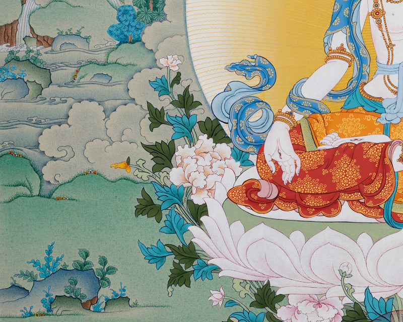 High-Quality Canvas Print of Mother Tara Thangka | White Tara's Deity of Long Life, Health, Healing & Compassion