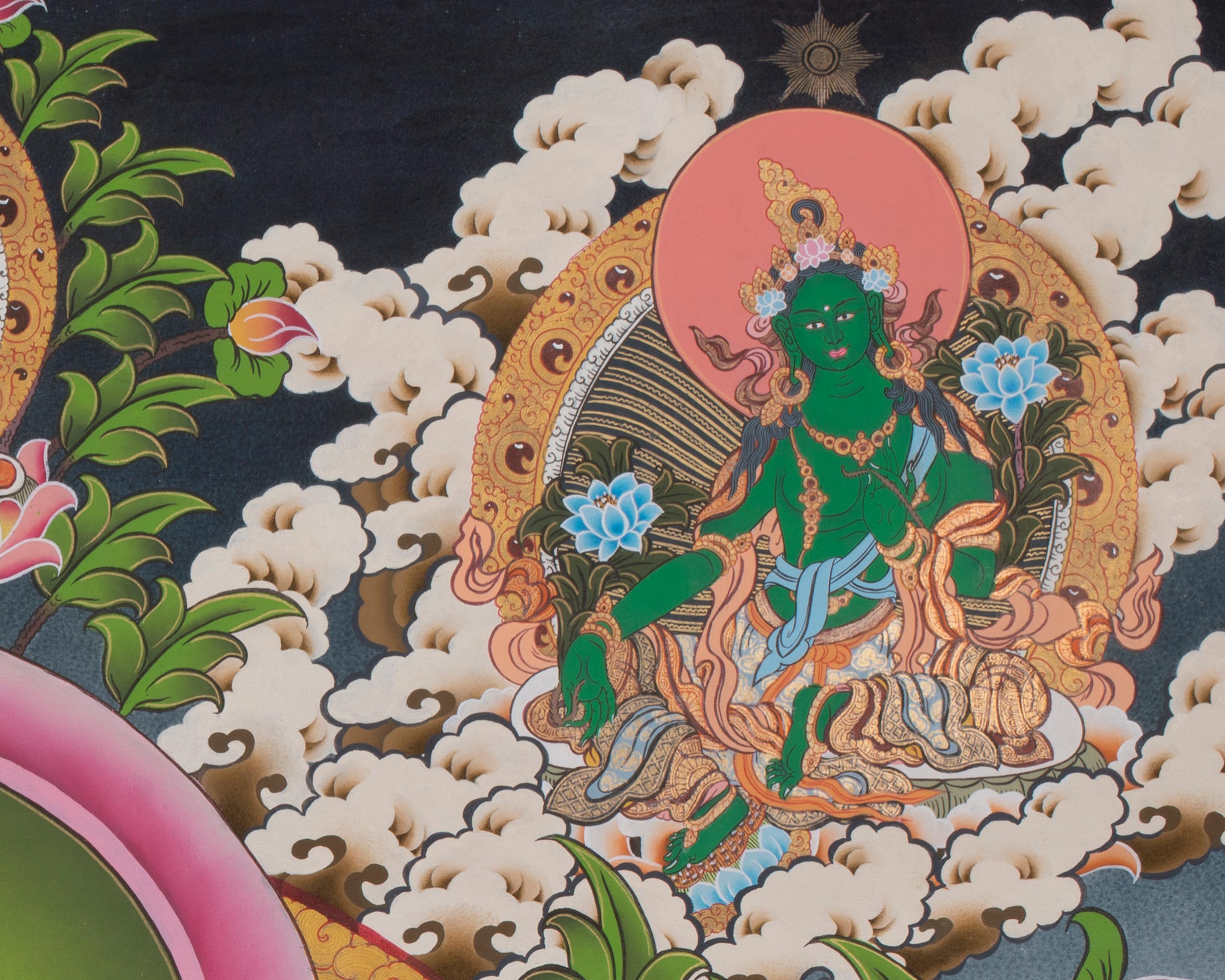 Large Size 4 Armed Chenrezig Thangka Painting with White Tara, Green Tara