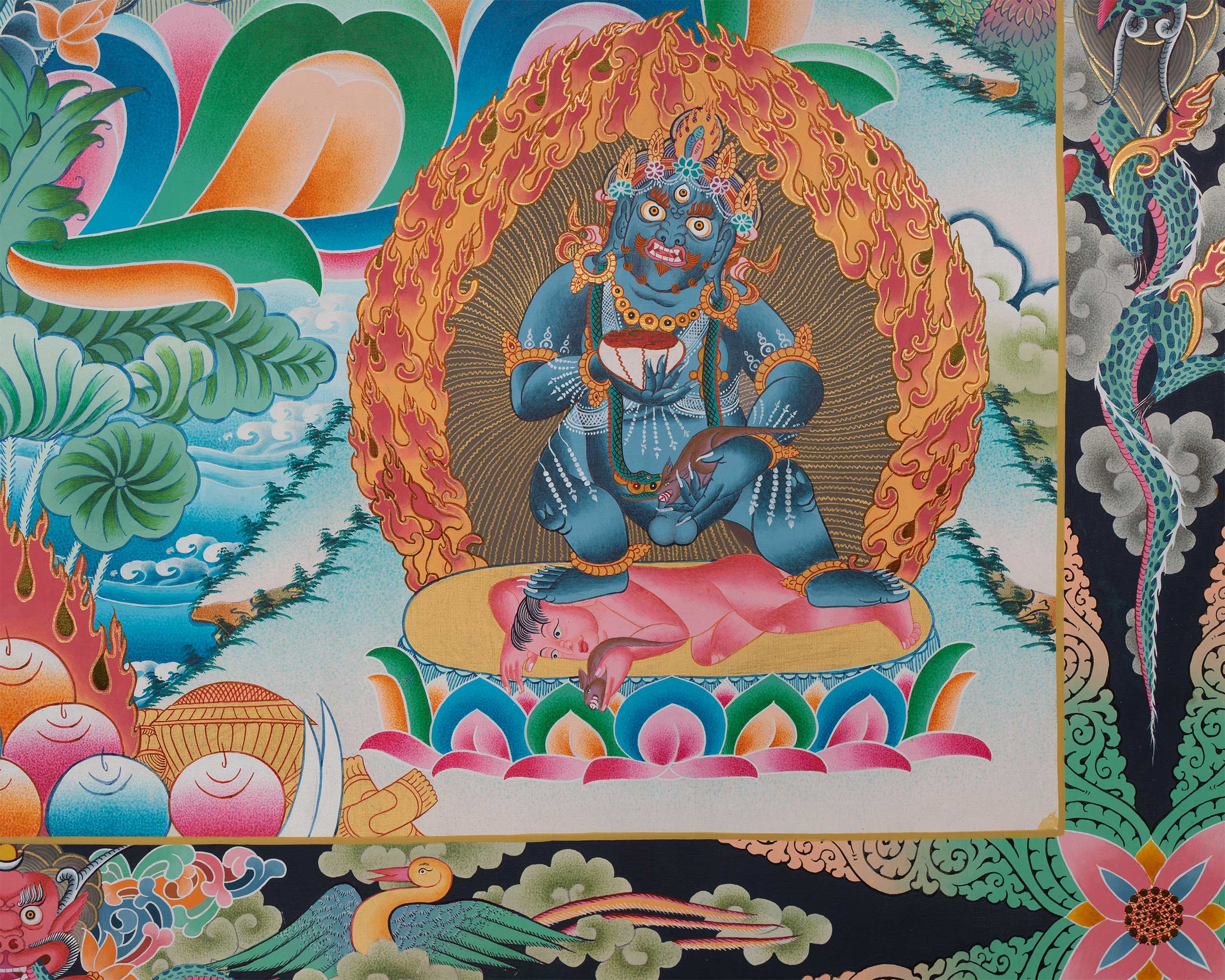 High-Quality Big Five Dzambala Thangka Painting | Tibetan Kubera Thangka | God of Wealth |