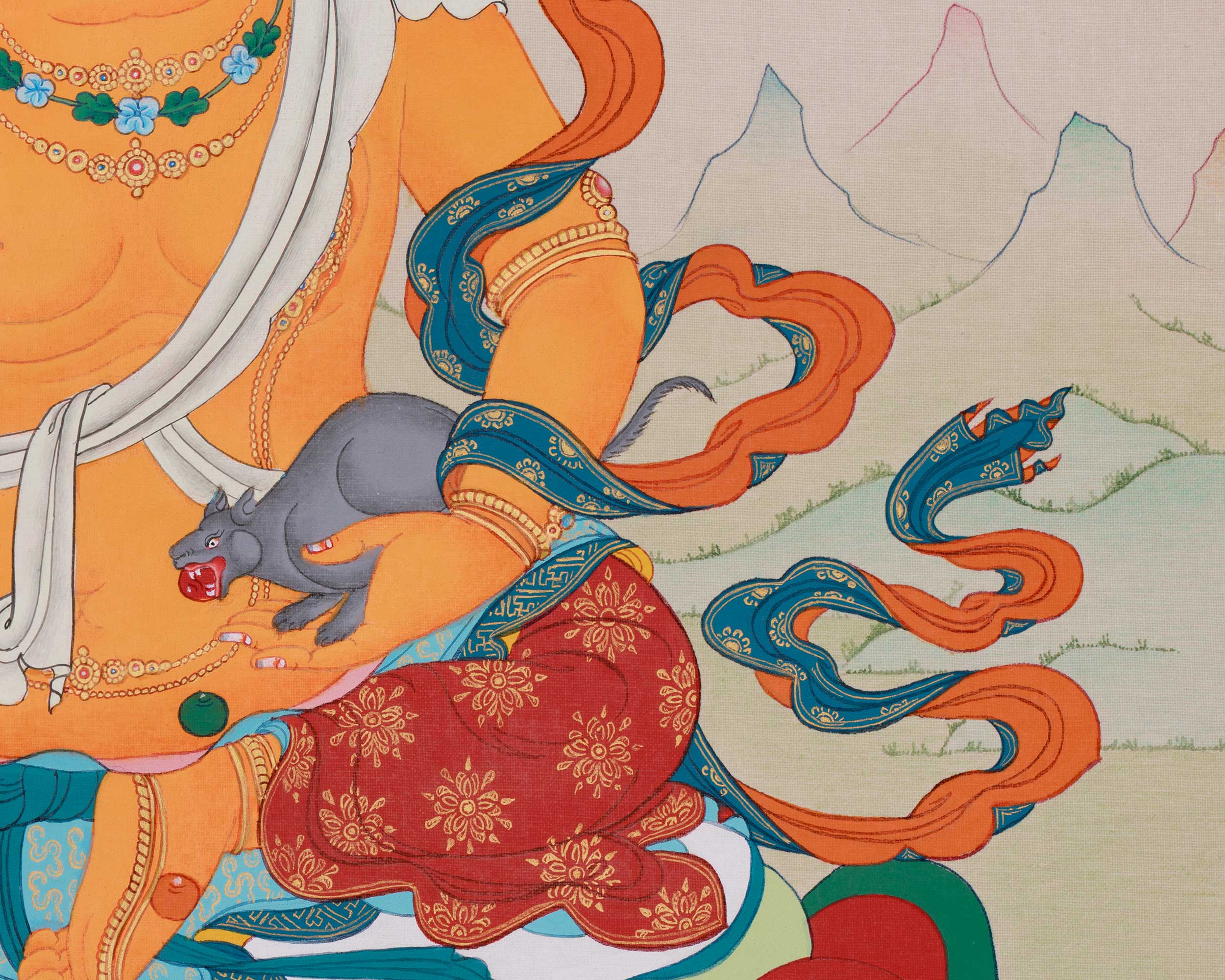 Handmade Dzambhala Thangka | Wealth Deity with Jewel Mongoose and Citron Fruit