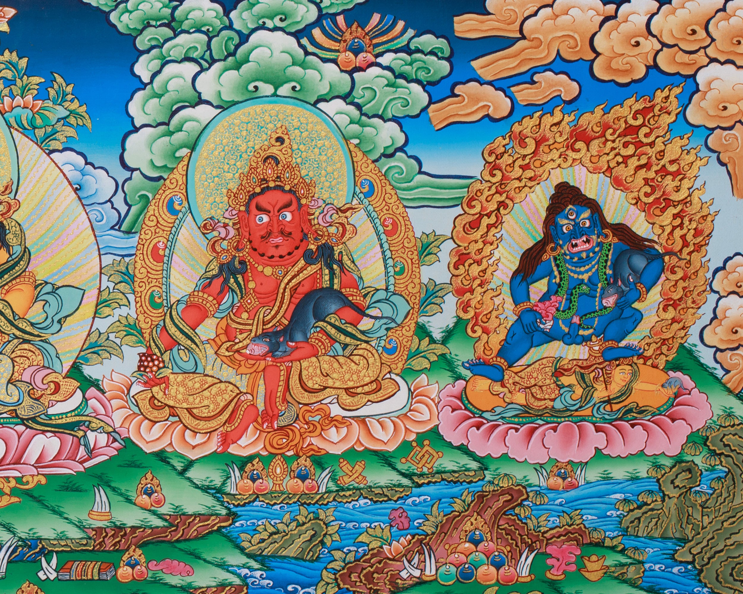 Tibetan Five Jambhalas Thangka | Buddhist Guardians of Wealth & Abundance