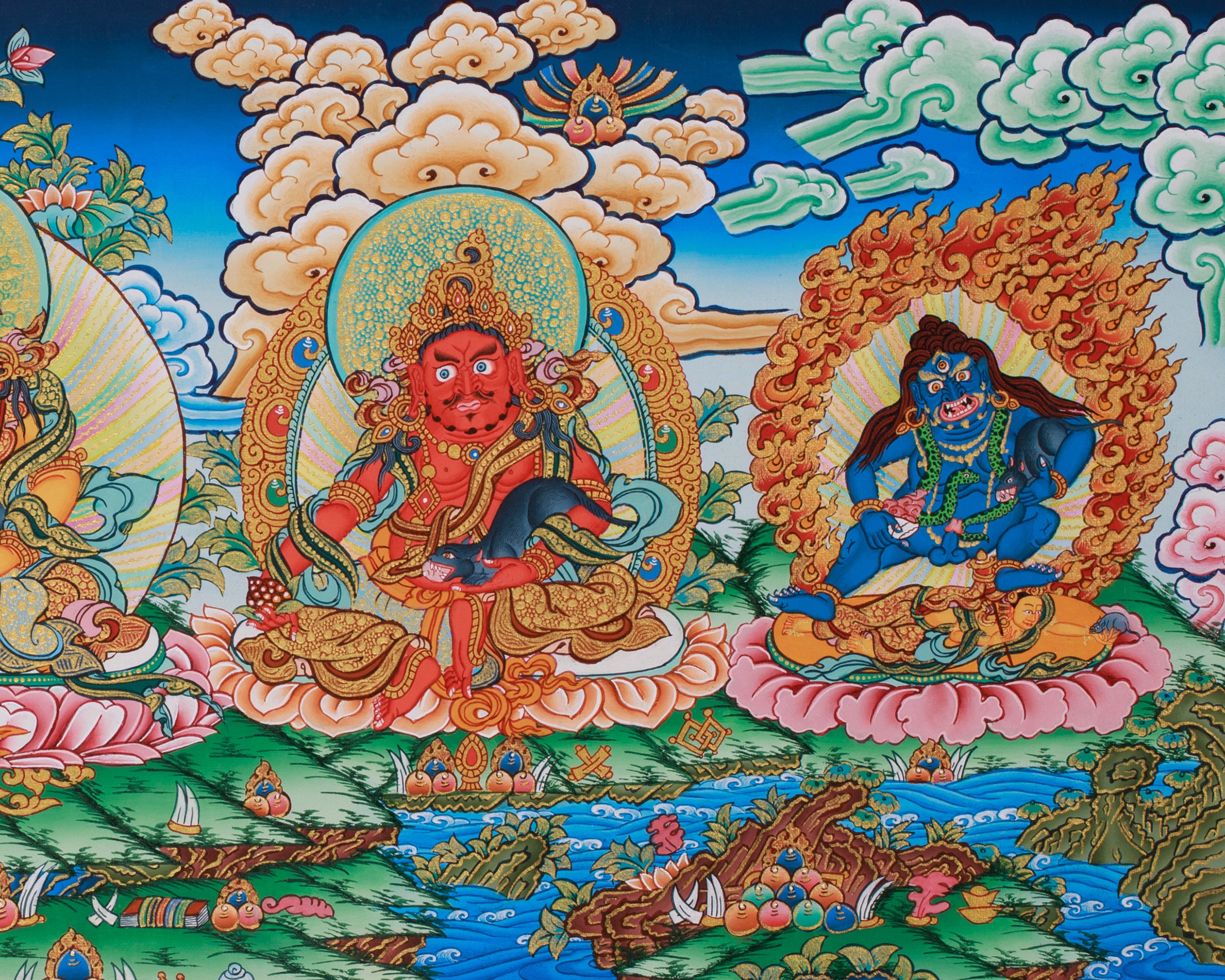 Buddhist 5 Dzambhala Thangka | Divine Guardians of Fortune & Wealth