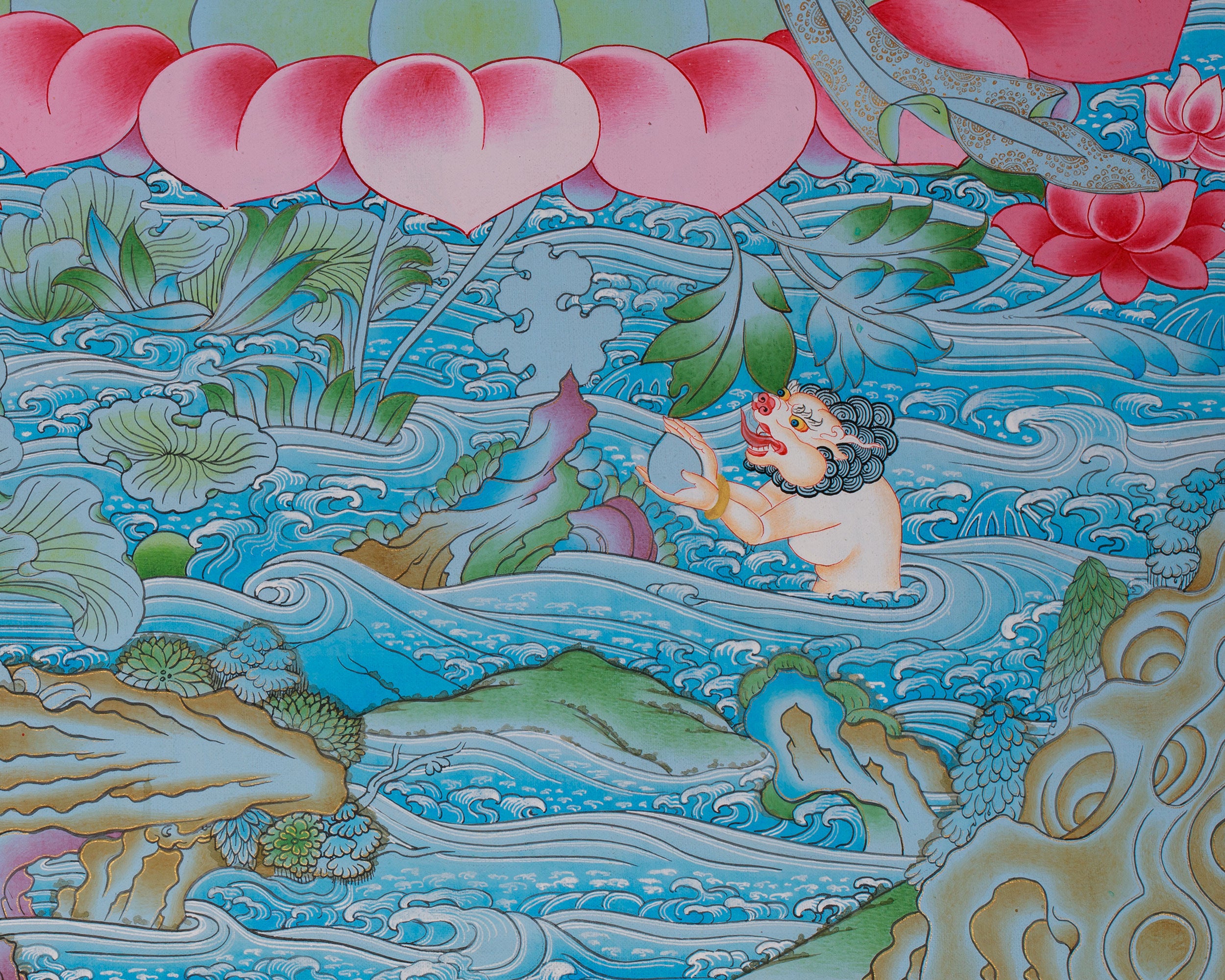 Four Armed Bodhisattva Thangka | Chenrezig Depiction with Manjushri and Vajrapani