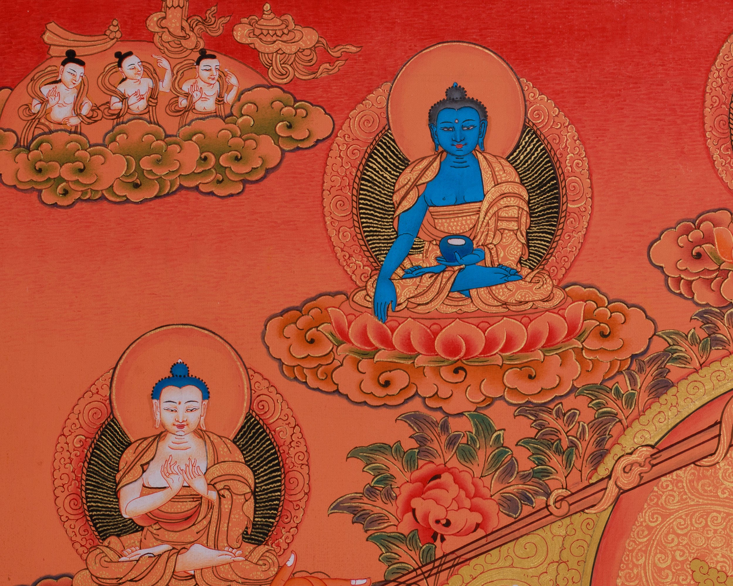 Manjushri with Five Buddhas & Bodhisattvas |  Sacred Thangka of Wisdom and Enlightened Energy