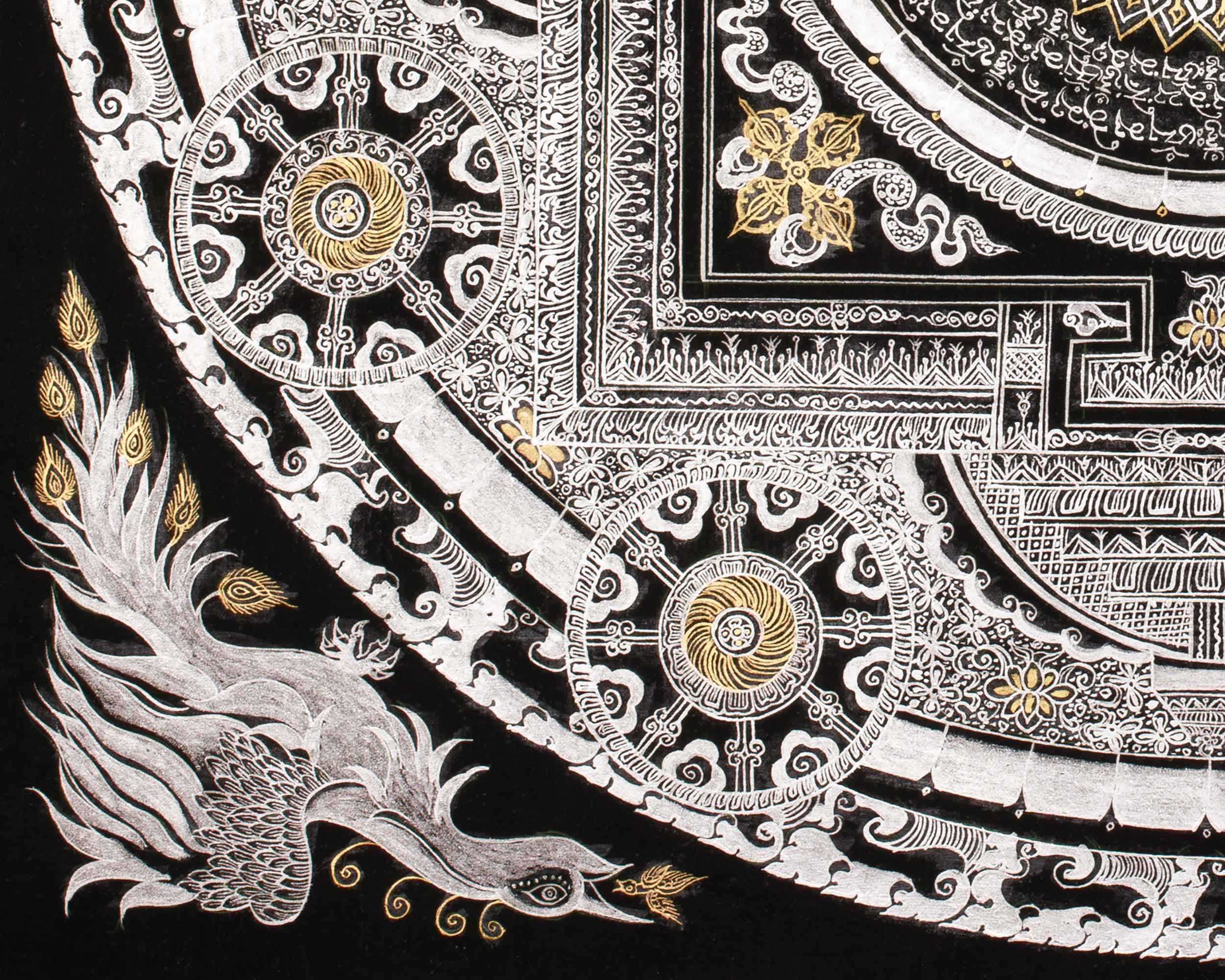 Silver with Gold Mantra Mandala | Four Mythical Creatures | Mandala Painting