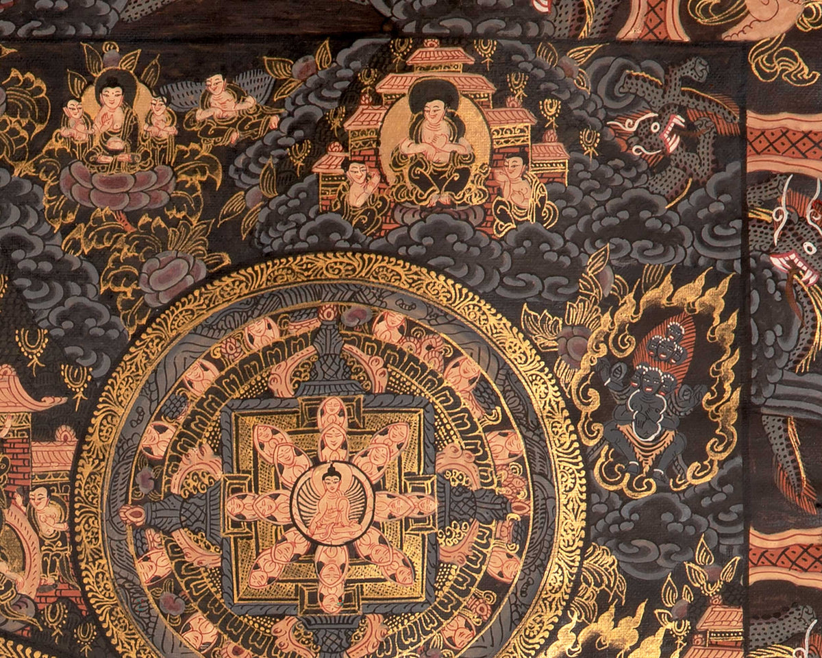 Dark Pancha Mandala With Brocade | Wall Decoration Painting