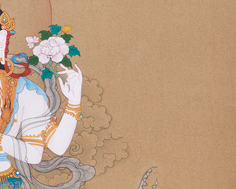 Serene Avalokiteshvara Thangka | Hand-Painted Four Armed Chenrezig Art