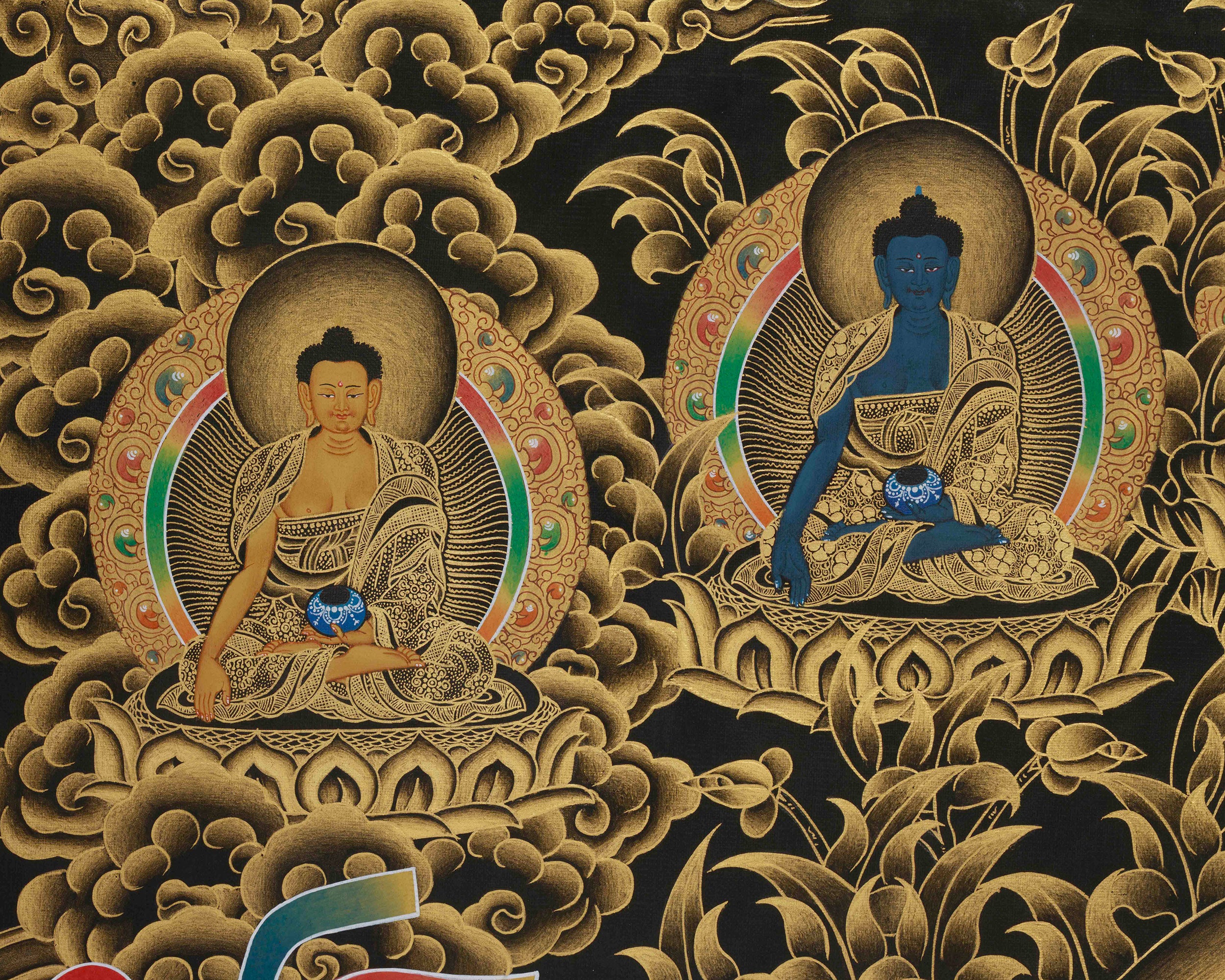 Gold Thangka of Shakyamuni Buddha | Five Dhyani Buddhas With Two Disciples
