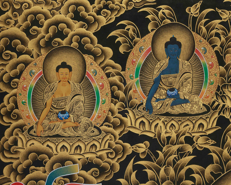 Gold Thangka of Shakyamuni Buddha | Five Dhyani Buddhas With Two Disciples