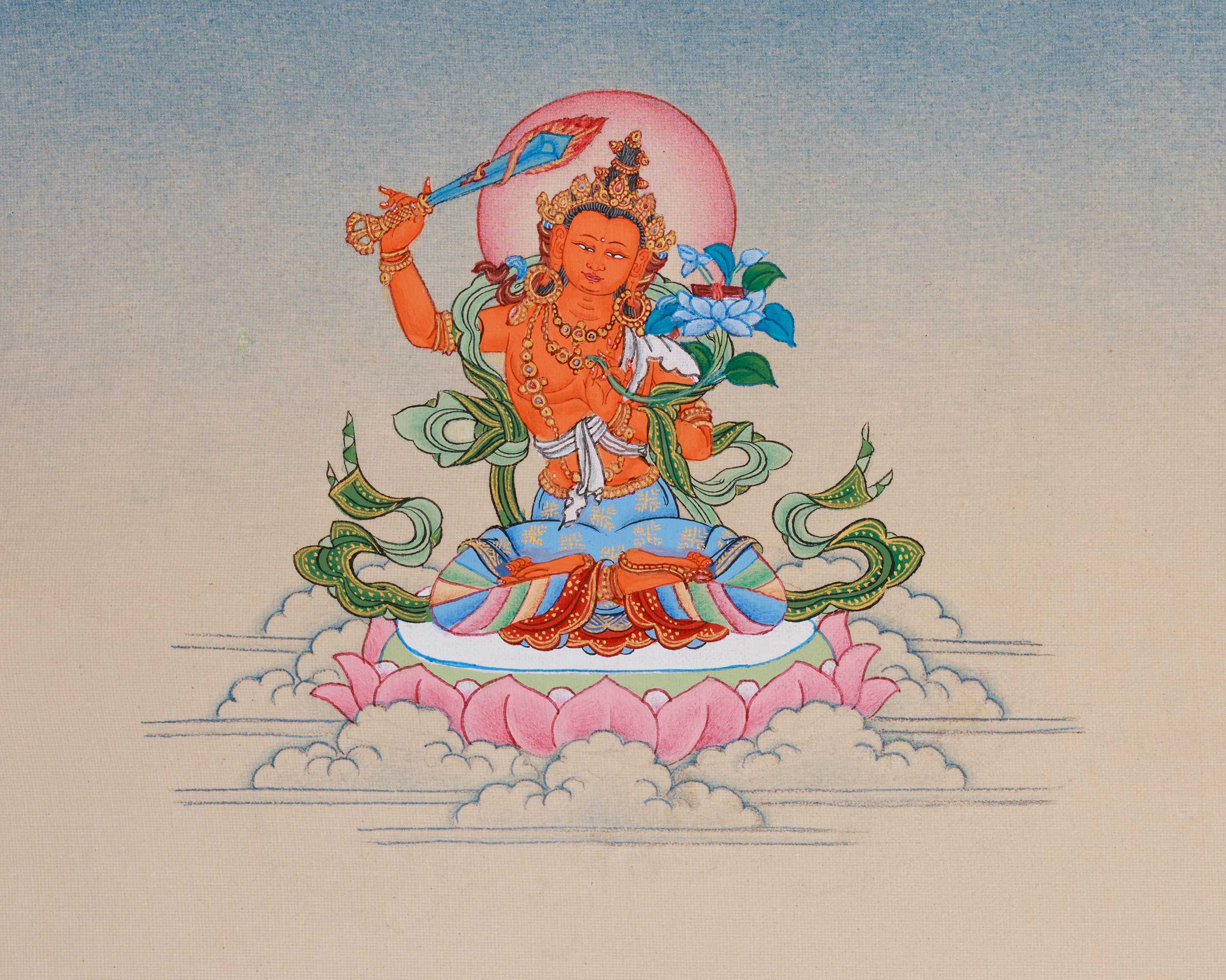 Thangka of Four-Armed Chenrezig, Compassion Buddha | With Manjushri and Vajrapani