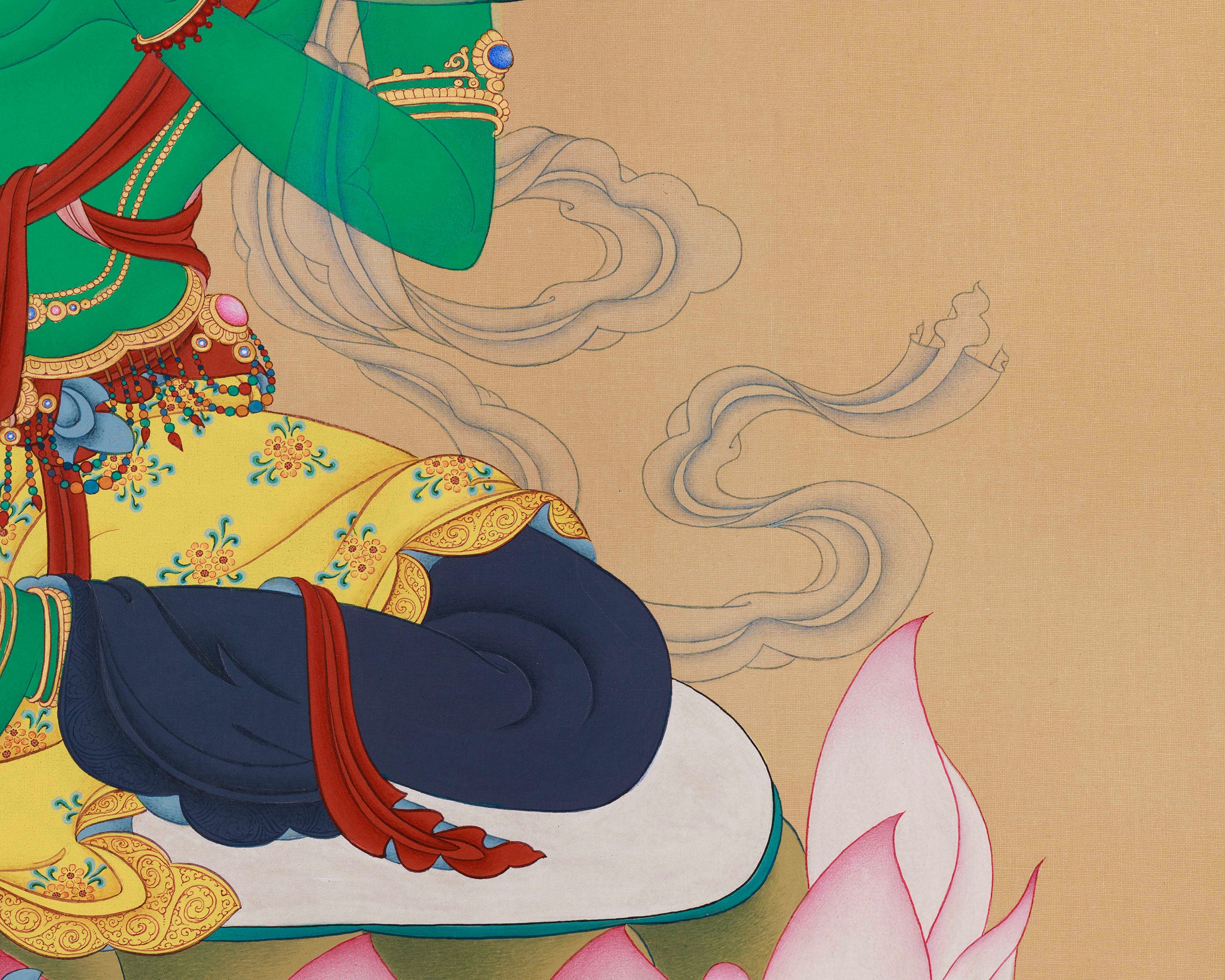 Exquisite Bodhisattva Green Tara Artwork | 30x40 Inch Hand-Painted Thangka of Swift Compassion