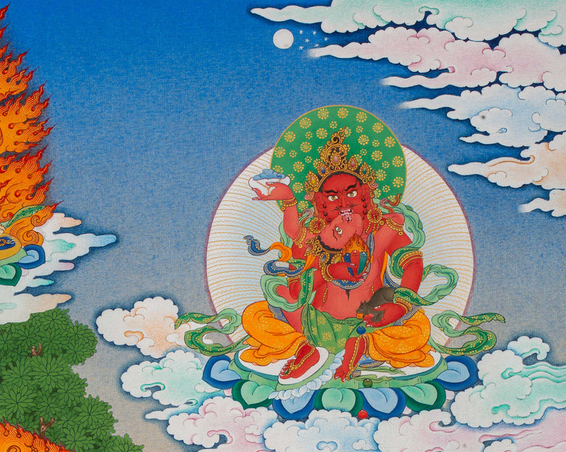 Thangka Print of White Mahakala with Five Jambala: Assembly of Wealth Deities