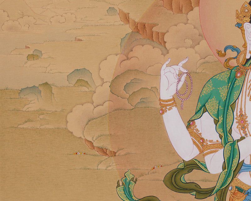 Sumptuous Compassionate Buddha Thangka - Four-Armed Chenresig with Lhasa Stone Enrichment