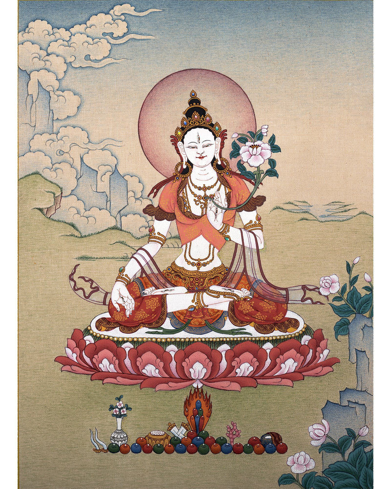 White Tara Thangka, Tibetan Tara Painting, Traditional Buddhist Art