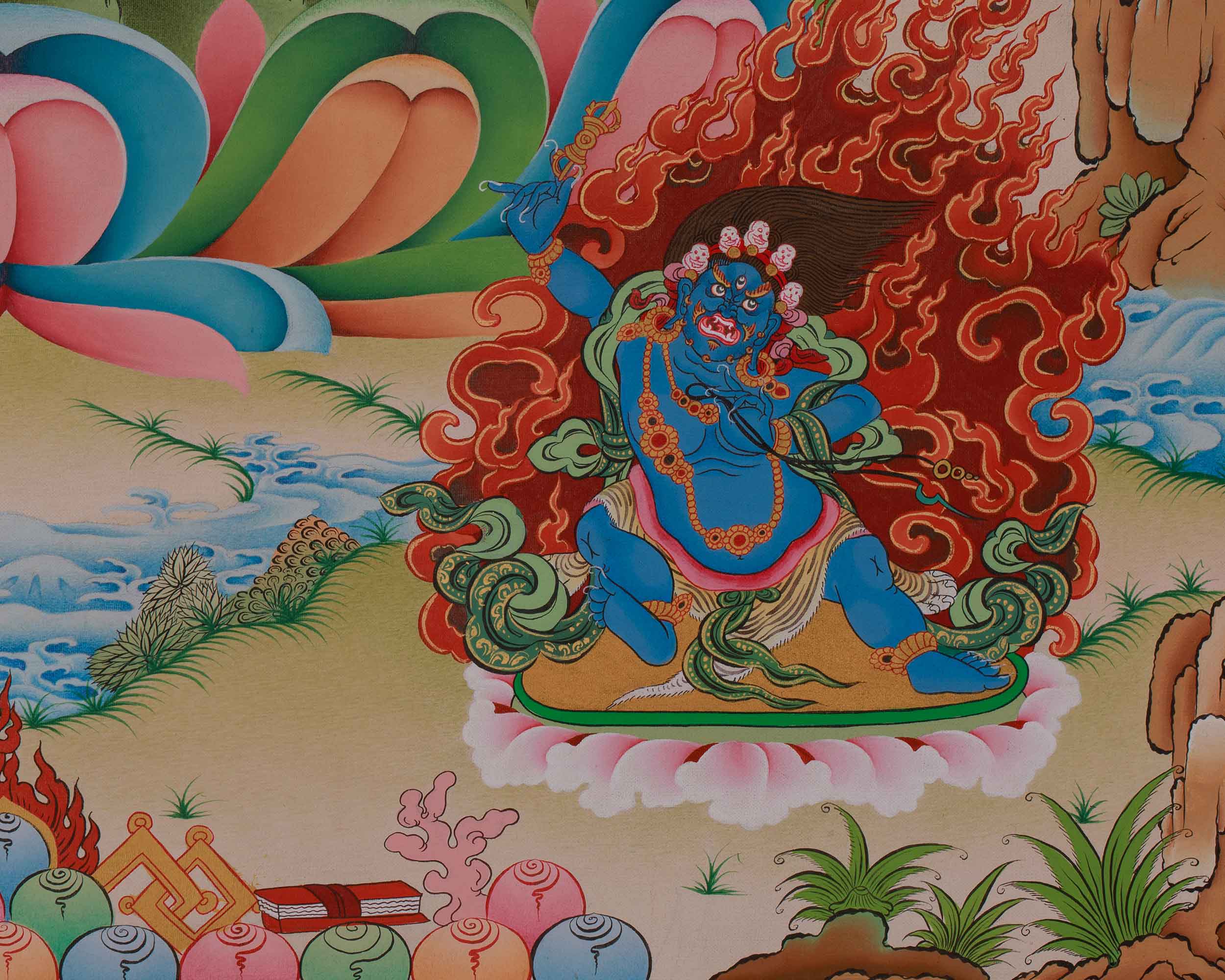 Chenrezig with Amitabha, Manjushri, and Vajrapani Thangka | Avalokiteshvara Art