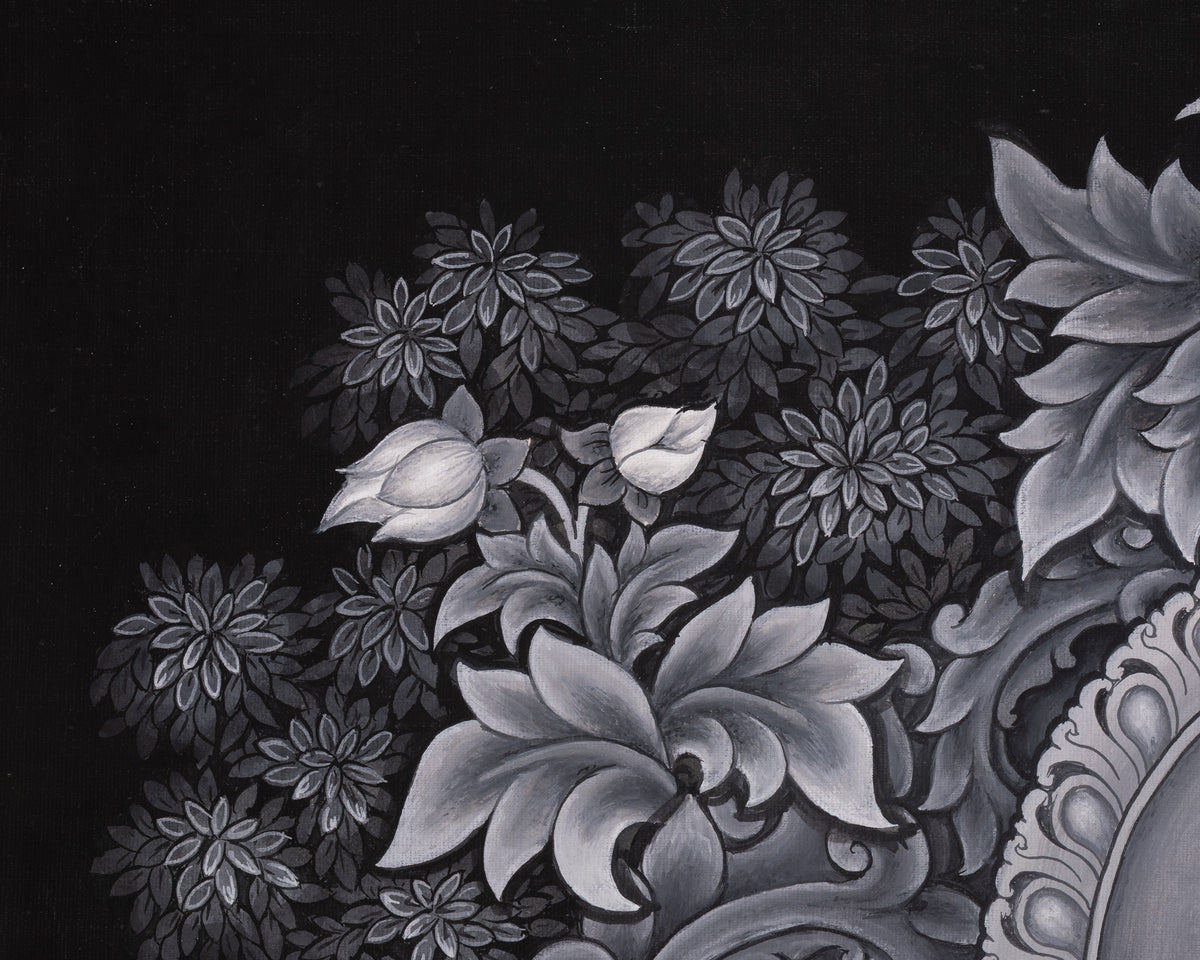 Black and White Bodhisattva Chenrezig Thangka | Avalokiteshvara Art | Compassion Deity