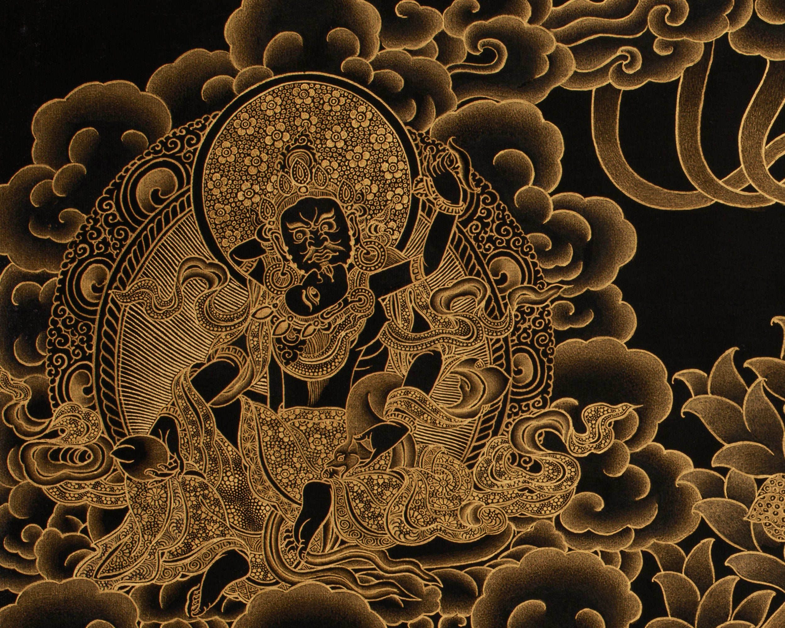 Gold on Black Five Dzambhalas Thangka | Hand-Painted Tibetan Wealth Deities