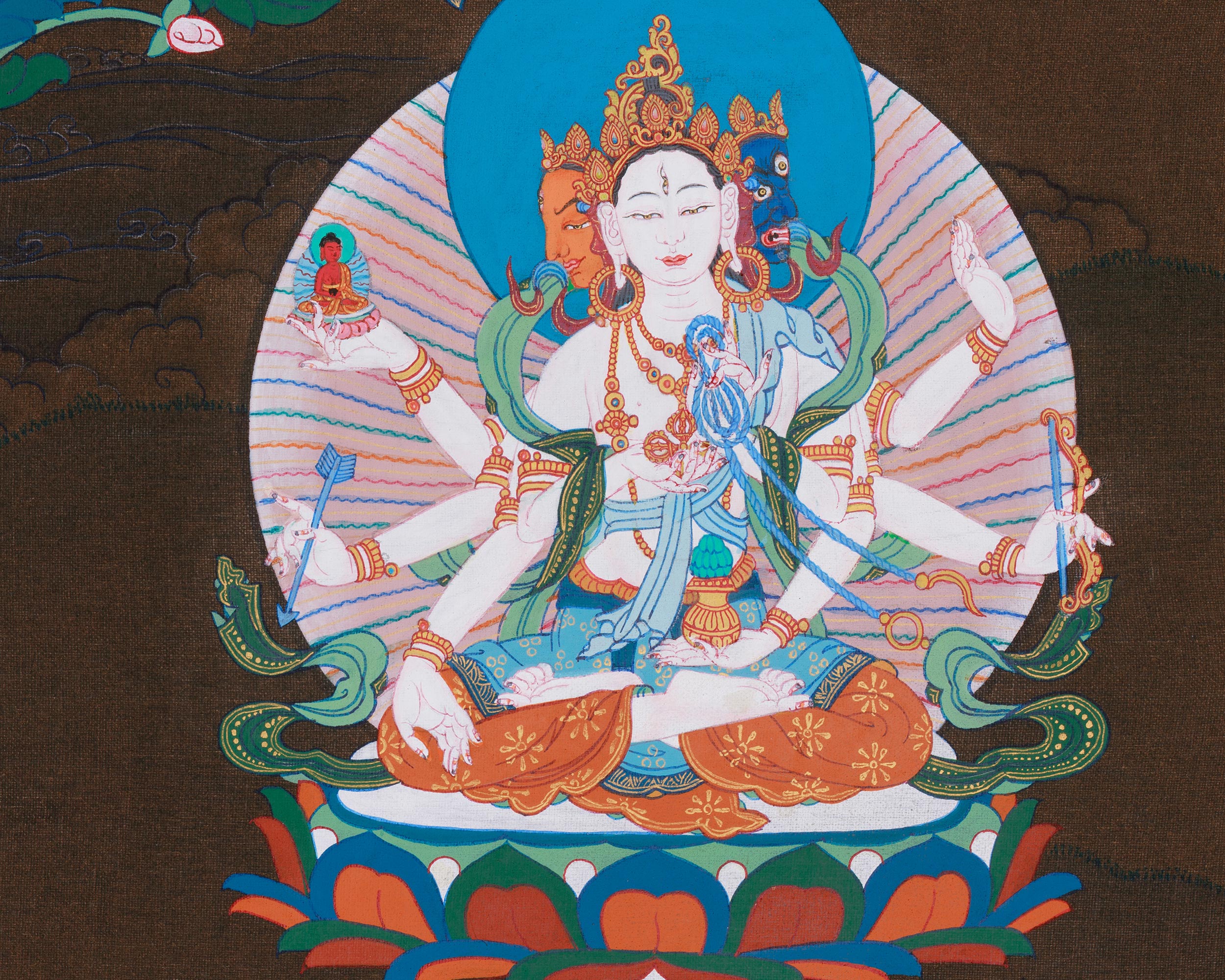 Three Long Life Deities Thangka: White Tara, Amitayus Buddha and Namgyalma