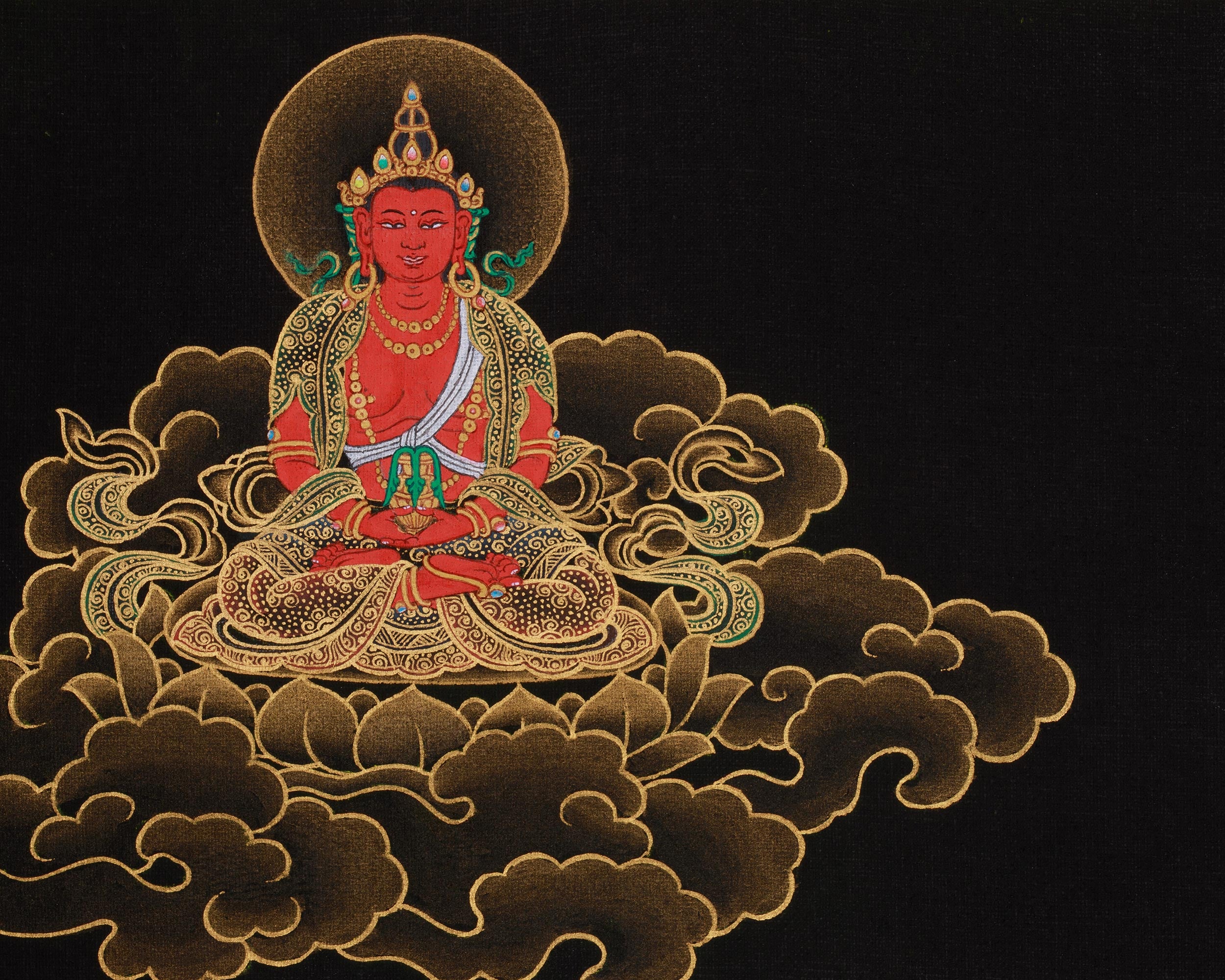 Hand-Painted Three Deities of Long Life: White Tara, Amitayus, and Namgyalma | Gold Embellished Thangka