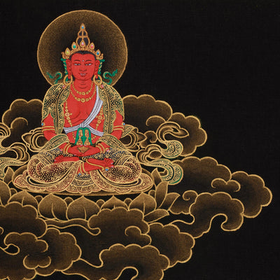 Hand-Painted Three Deities of Long Life: White Tara, Amitayus, and Namgyalma | Gold Embellished Thangka