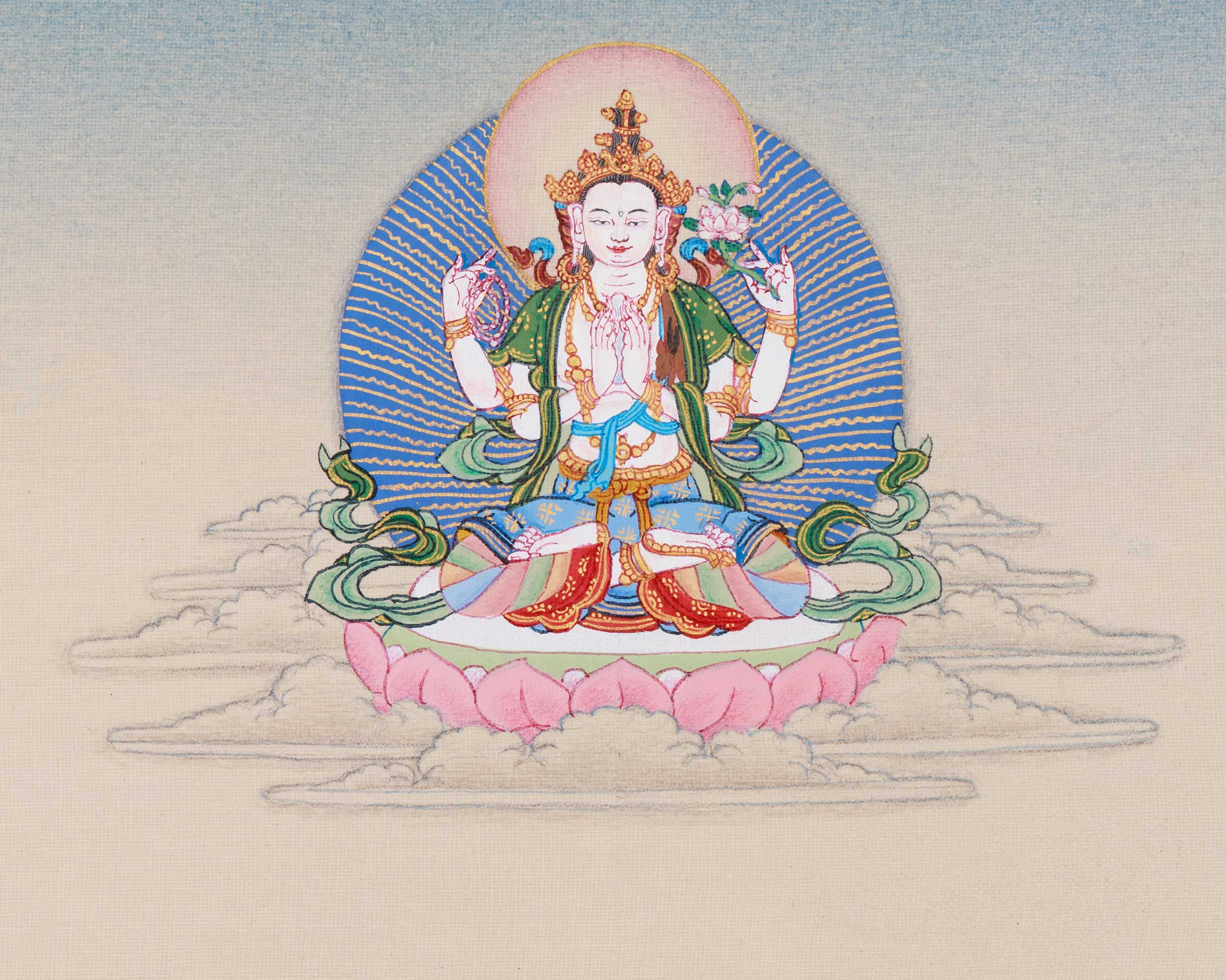 Trio Bodhisattva Thangka: Manjushri, Chenrezig, and Vajrapani | Tibetan Buddhism