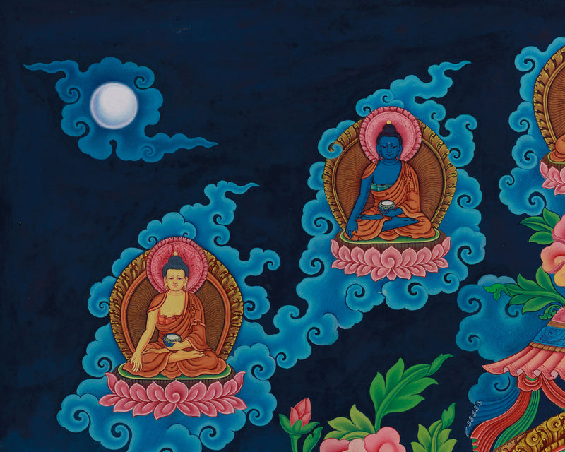 Divine Wisdom Manjushri Thangka Print | 5 Dhyani Buddhas | Bodhisattva Newari Canvas Art