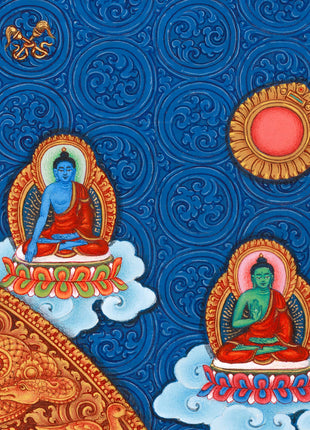 Standing Avalokiteshvara (Guanyin) Thangka Print | 5 Dhyani Buddhas |  High-Quality Giclee Print for Meditation | Paubha Painting