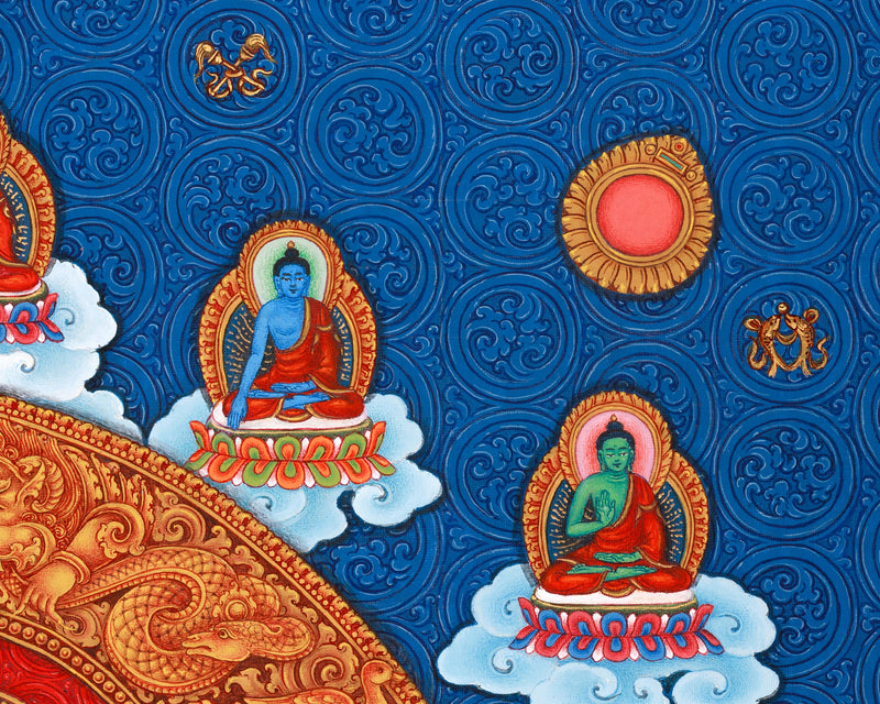 Standing Avalokiteshvara (Guanyin) Thangka Print | 5 Dhyani Buddhas |  High-Quality Giclee Print for Meditation | Paubha Painting