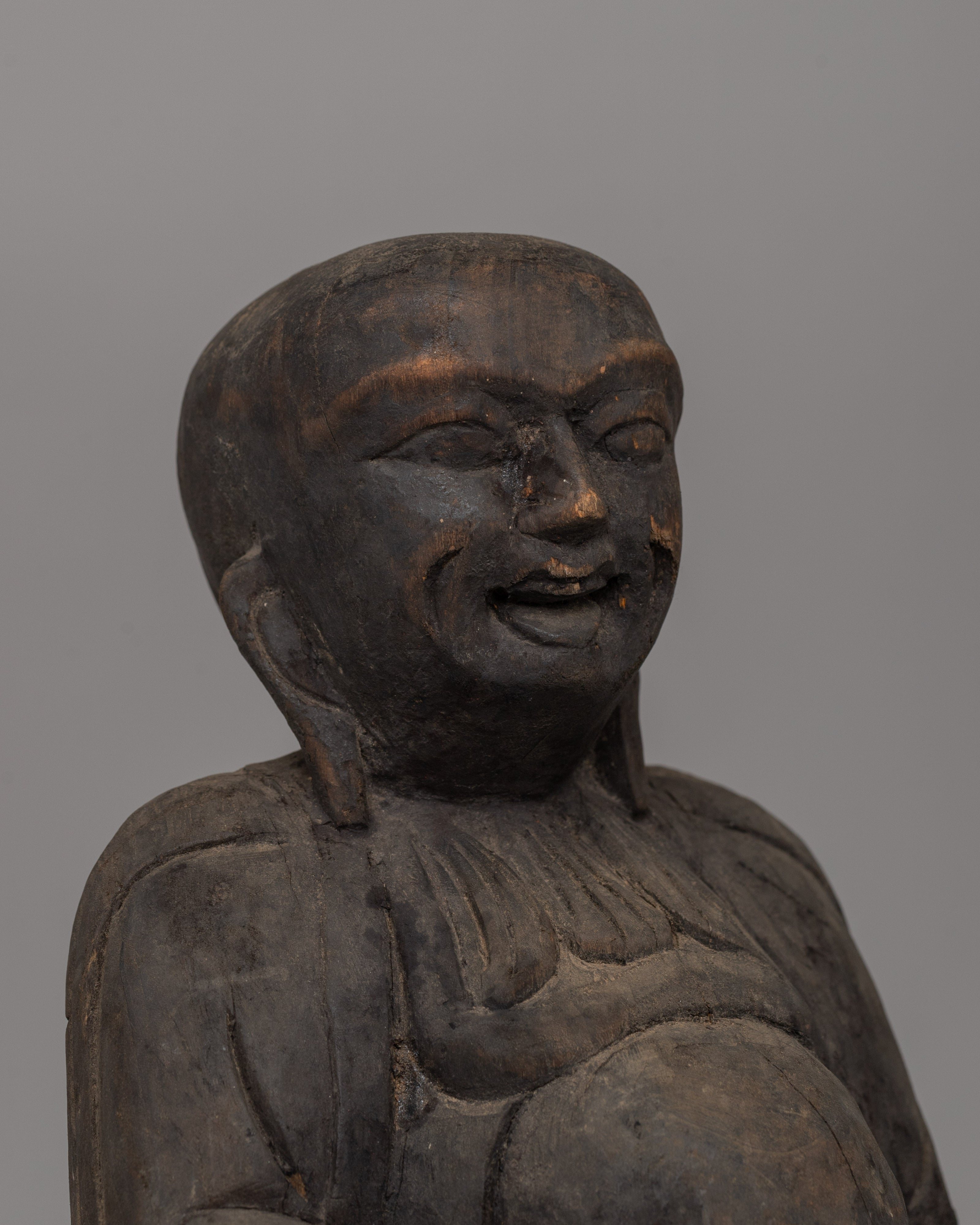 Hand-Carved Wooden Laughing Buddha | Wood Buddha Figurine