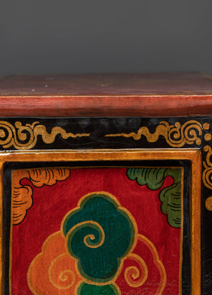 Hand-Carved Tibetan Wooden Cabinet with Door | Sacred Symbols and Artisan Detailing
