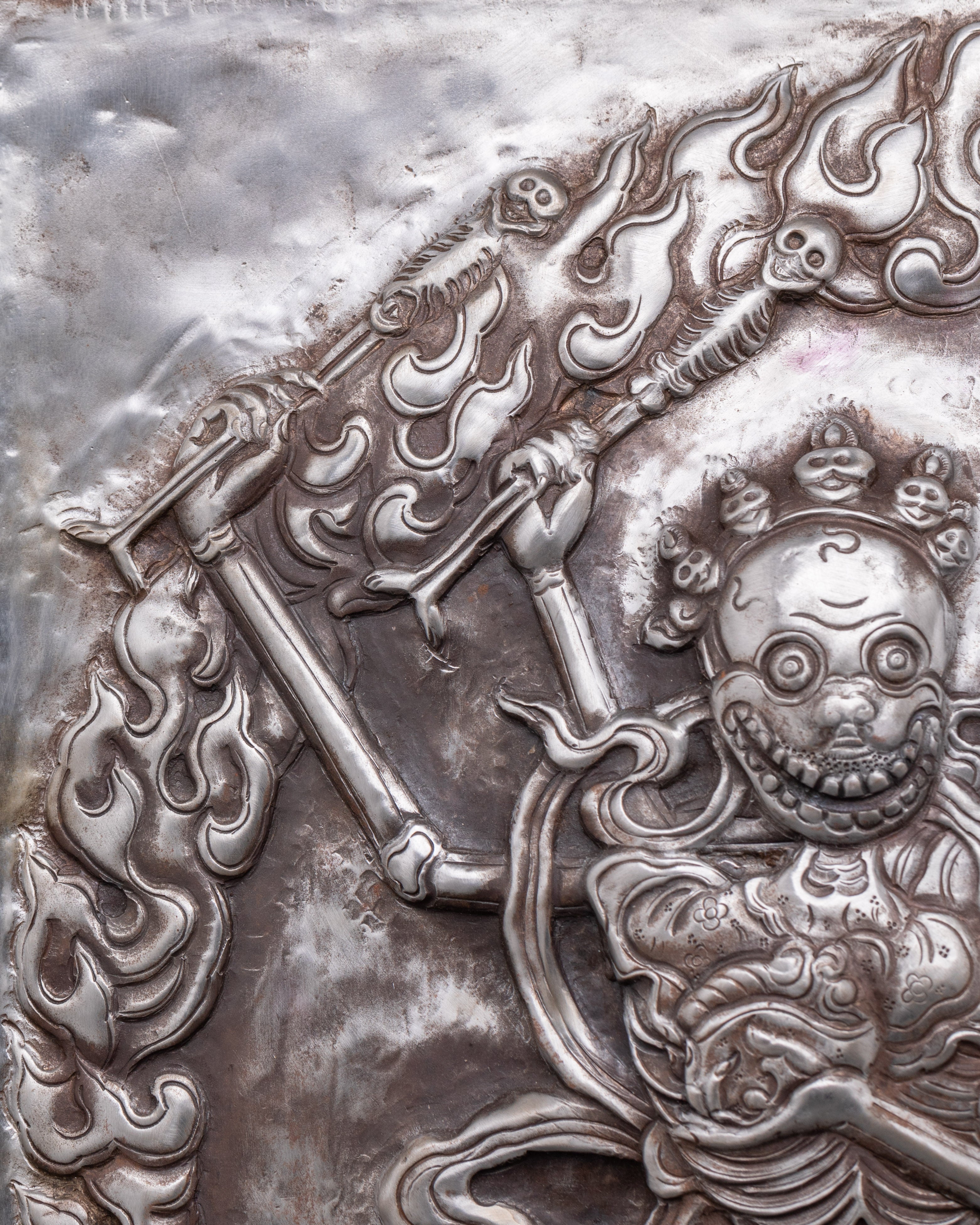 Handcrafted Tibetan Citipati Wall Hanging | Iron Skeleton Deity Plaque with Fire Aura