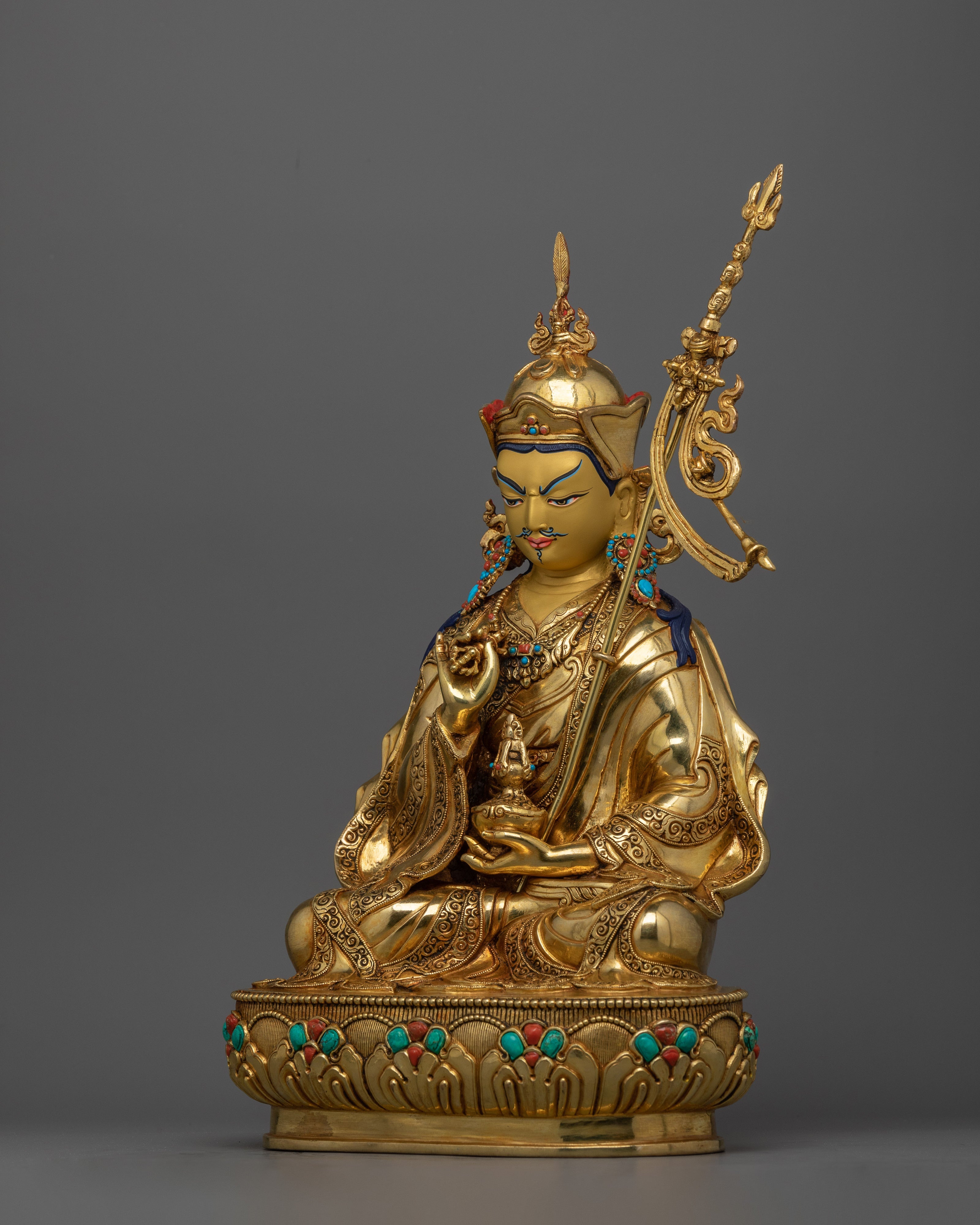 Rare Guru Tsokye Dorje Statue | 24K Gold Gilded with Hand-Carved Gemstones