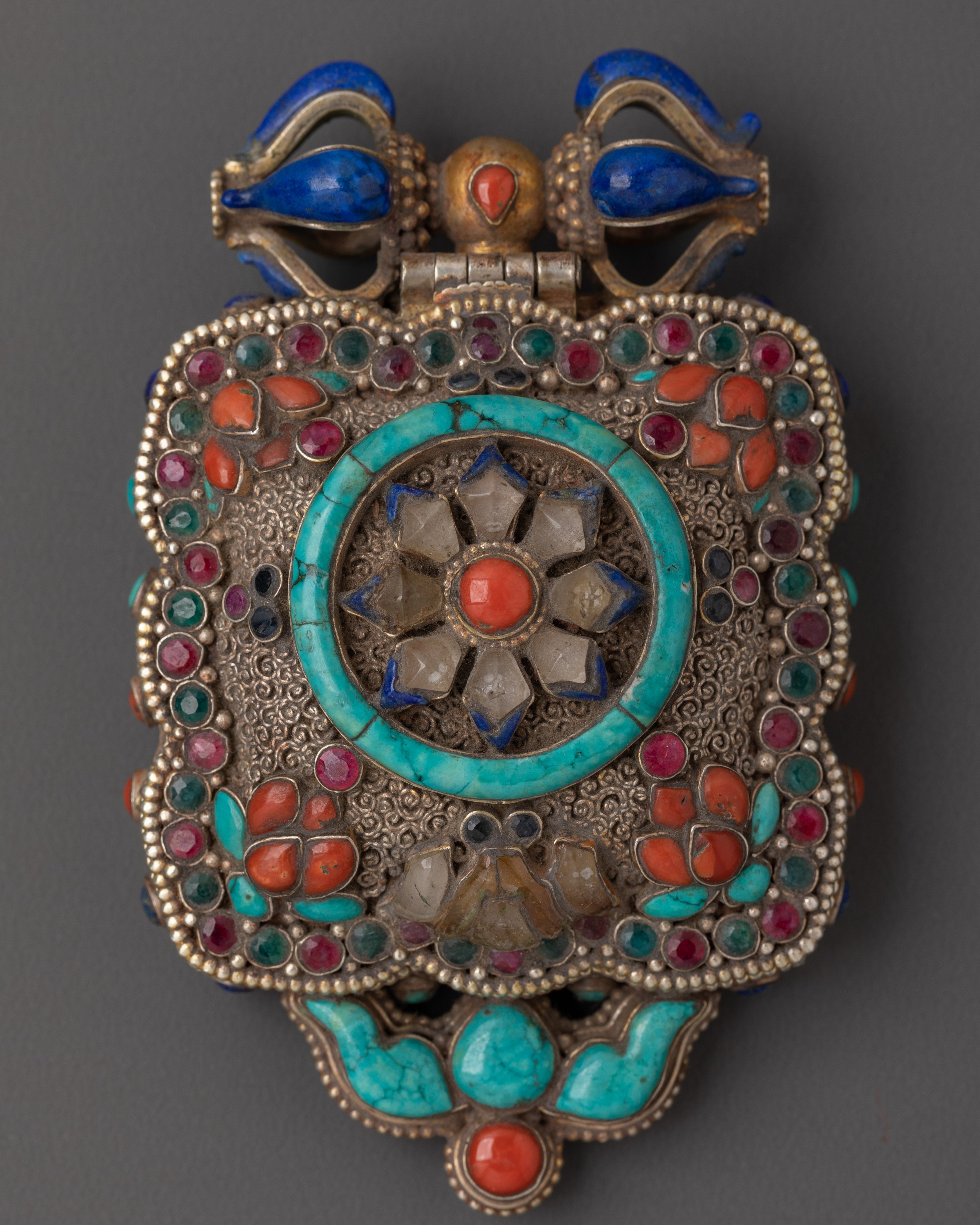 Tibetan Ghau Locket Charm | Silver Pendant with Turquoise