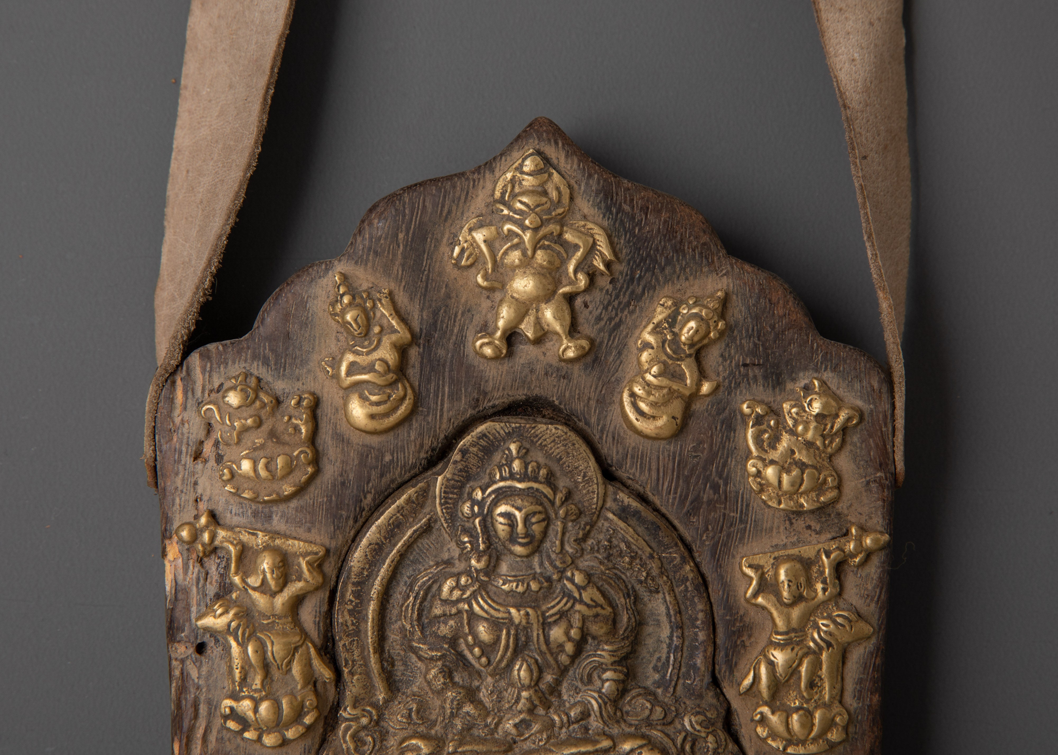 Handcrafted Tibetan Wood Ghau Box with Gold-Plated, Copper
