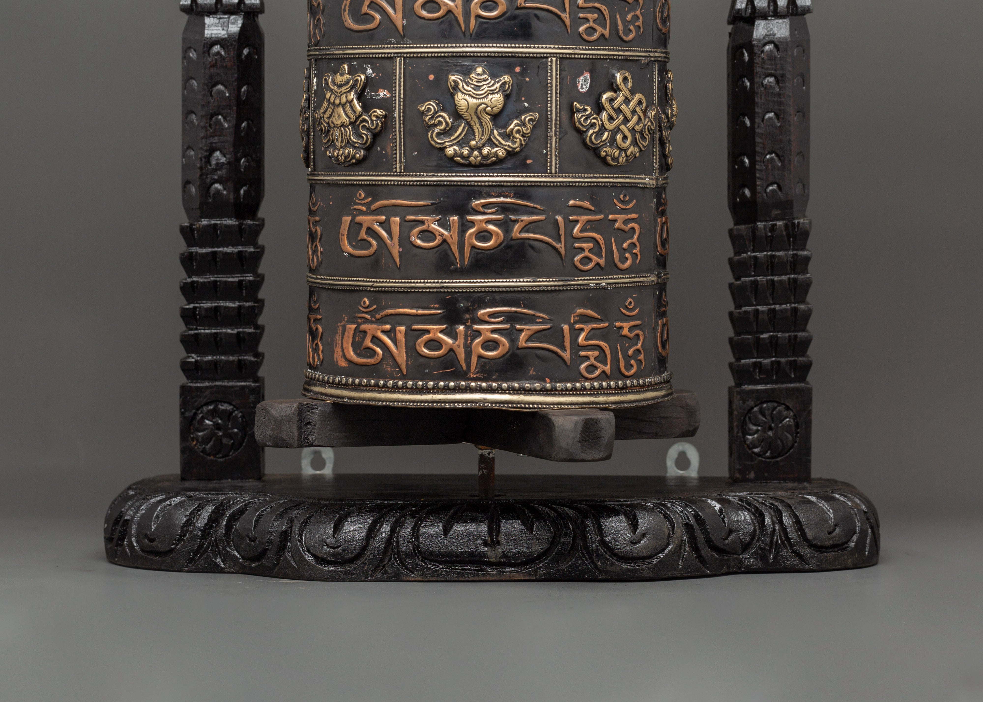 Prayer Wheel Carved with Wooden Frame | Copper & Brass Mantra Wheel