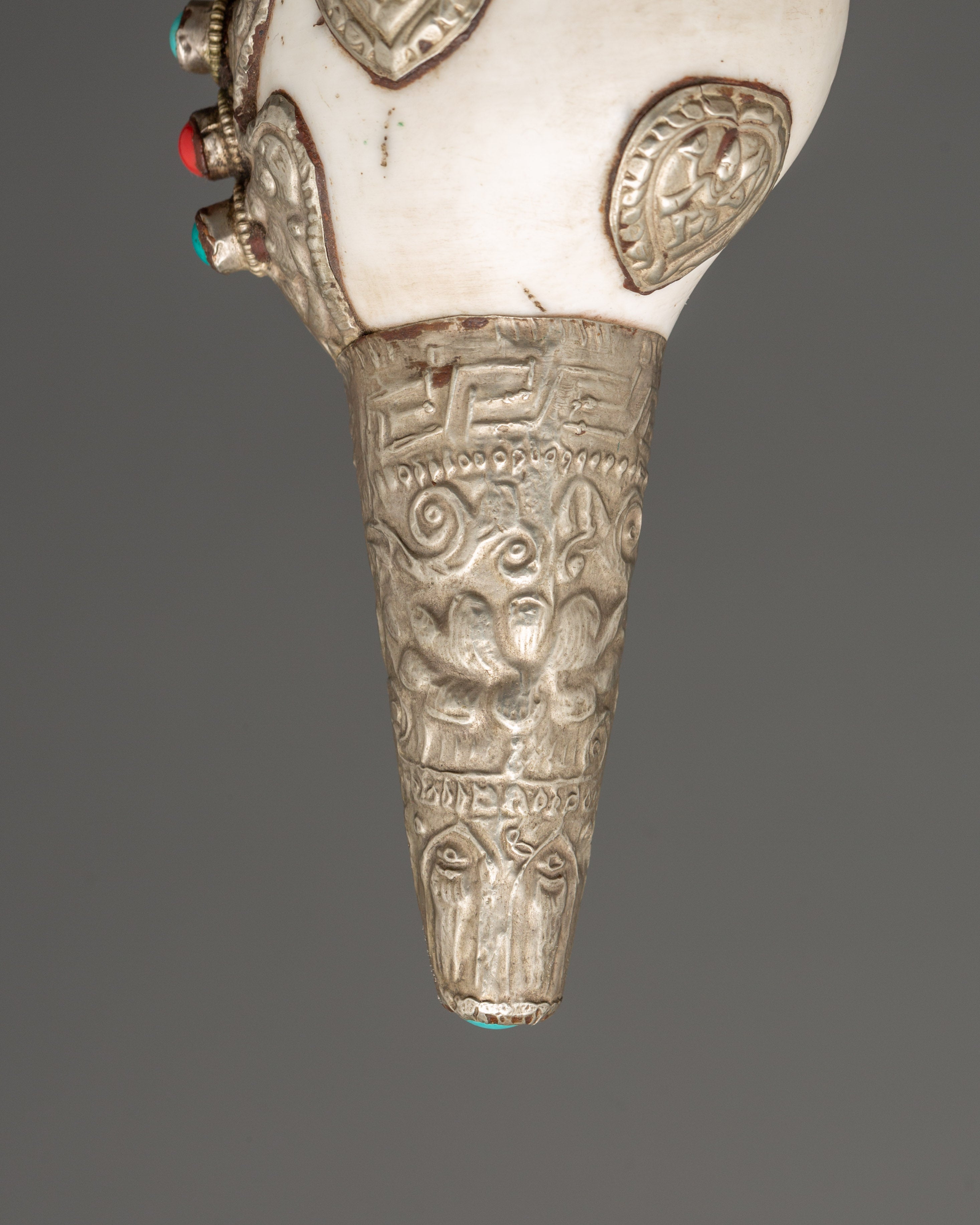 Conch Symbol of Sound and Spirituality | Silver Plated with Turquoise & Coral Inlays
